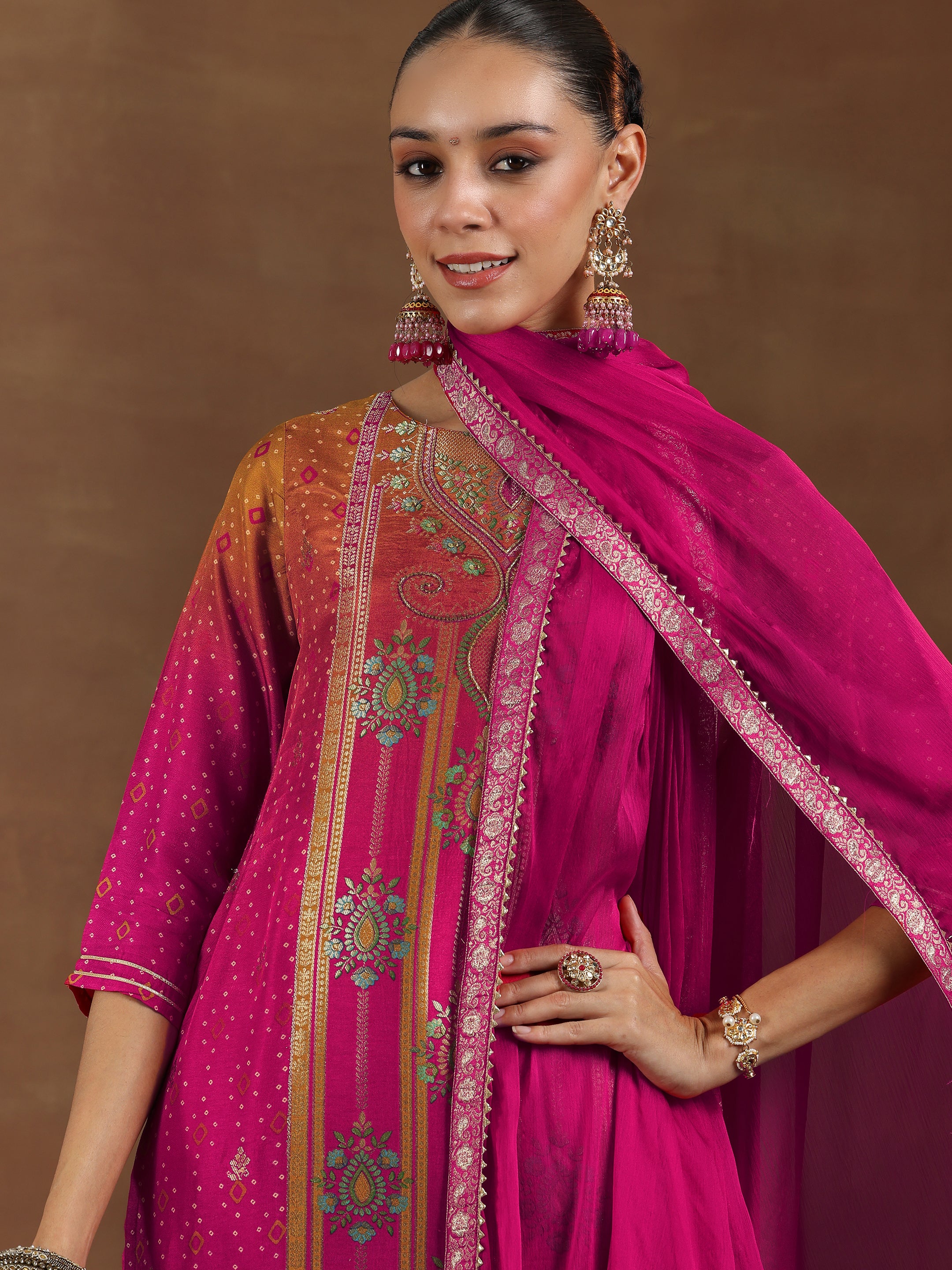 Pink Woven Design Silk Blend Straight Suit With Dupatta