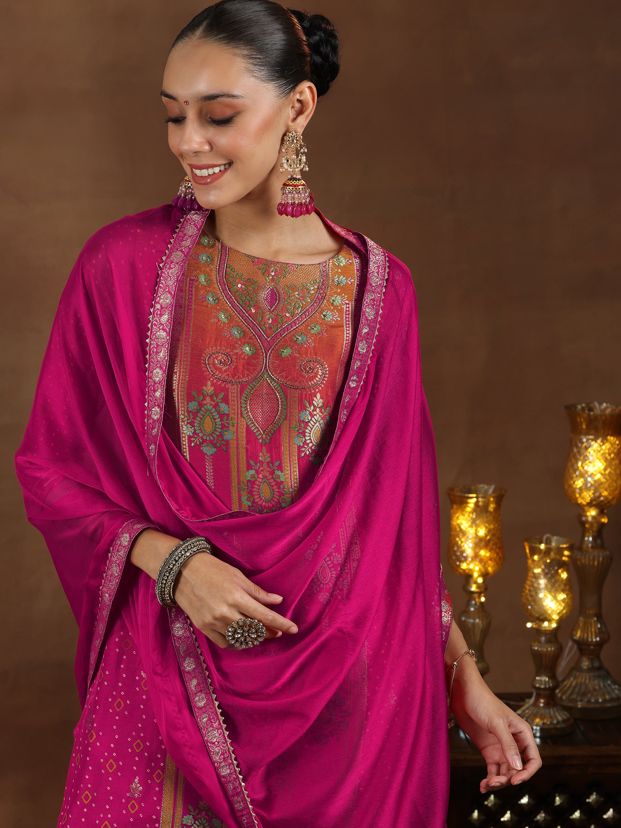 Pink Woven Design Silk Blend Straight Suit With Dupatta