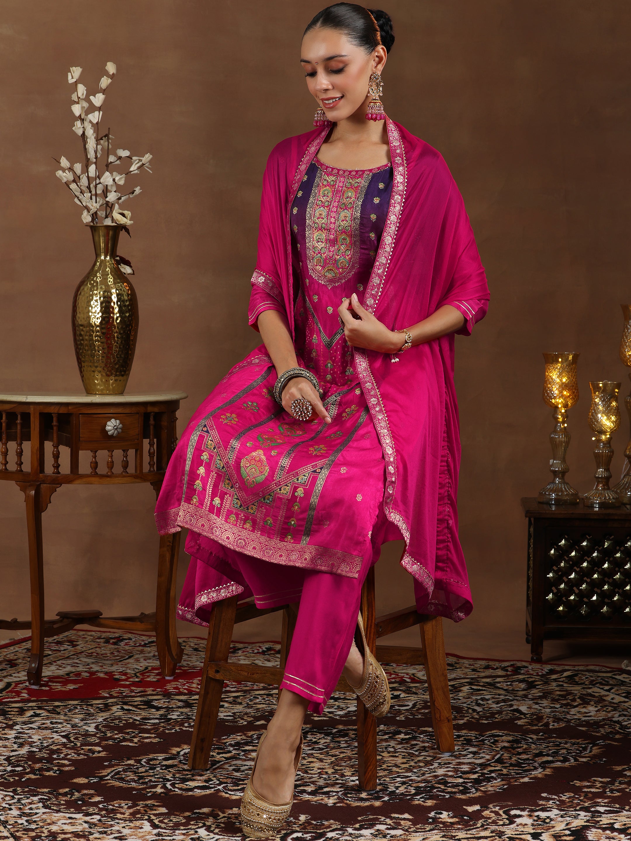 Pink Woven Design Silk Blend Straight Suit With Dupatta