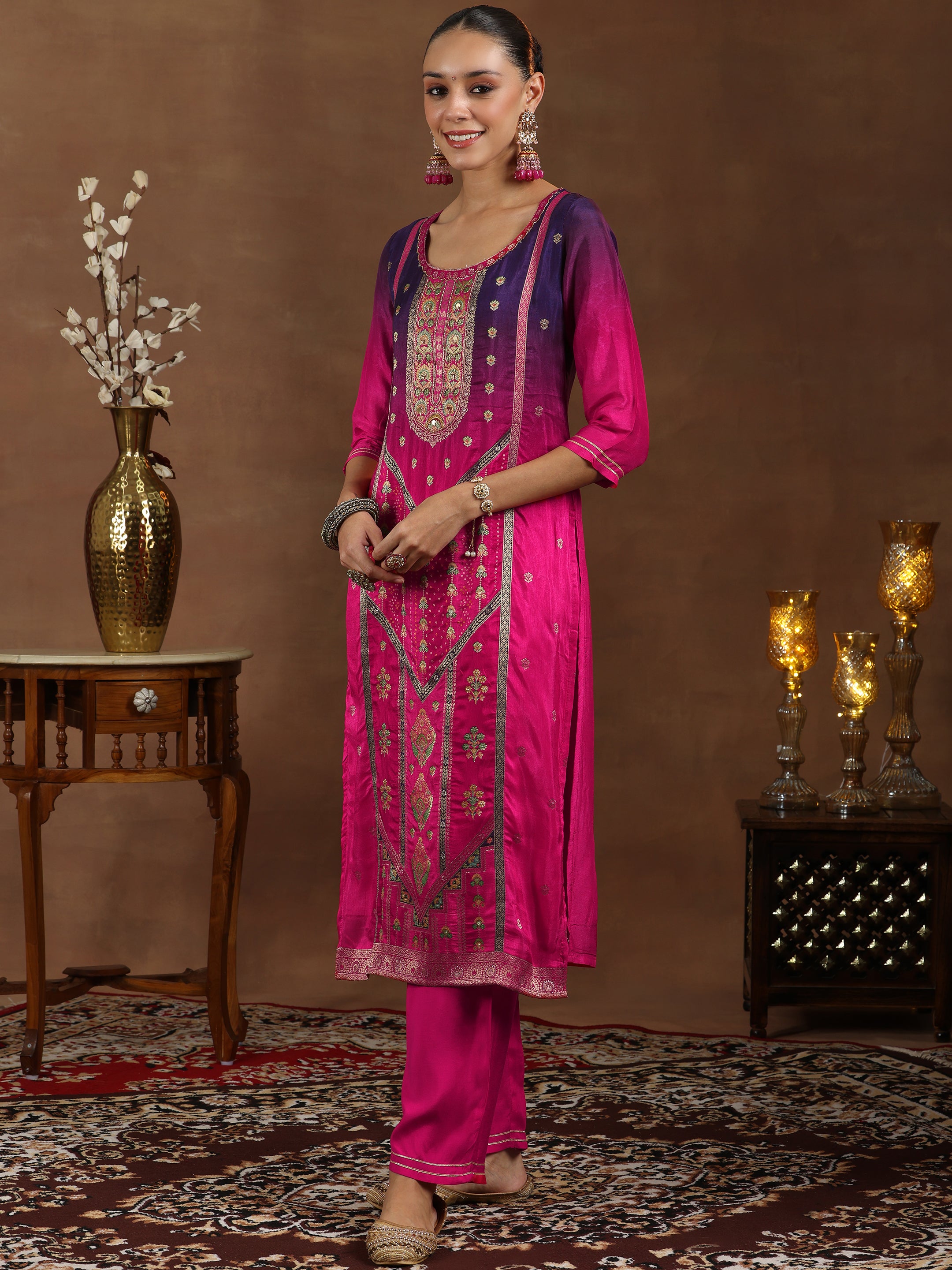 Pink Woven Design Silk Blend Straight Suit With Dupatta