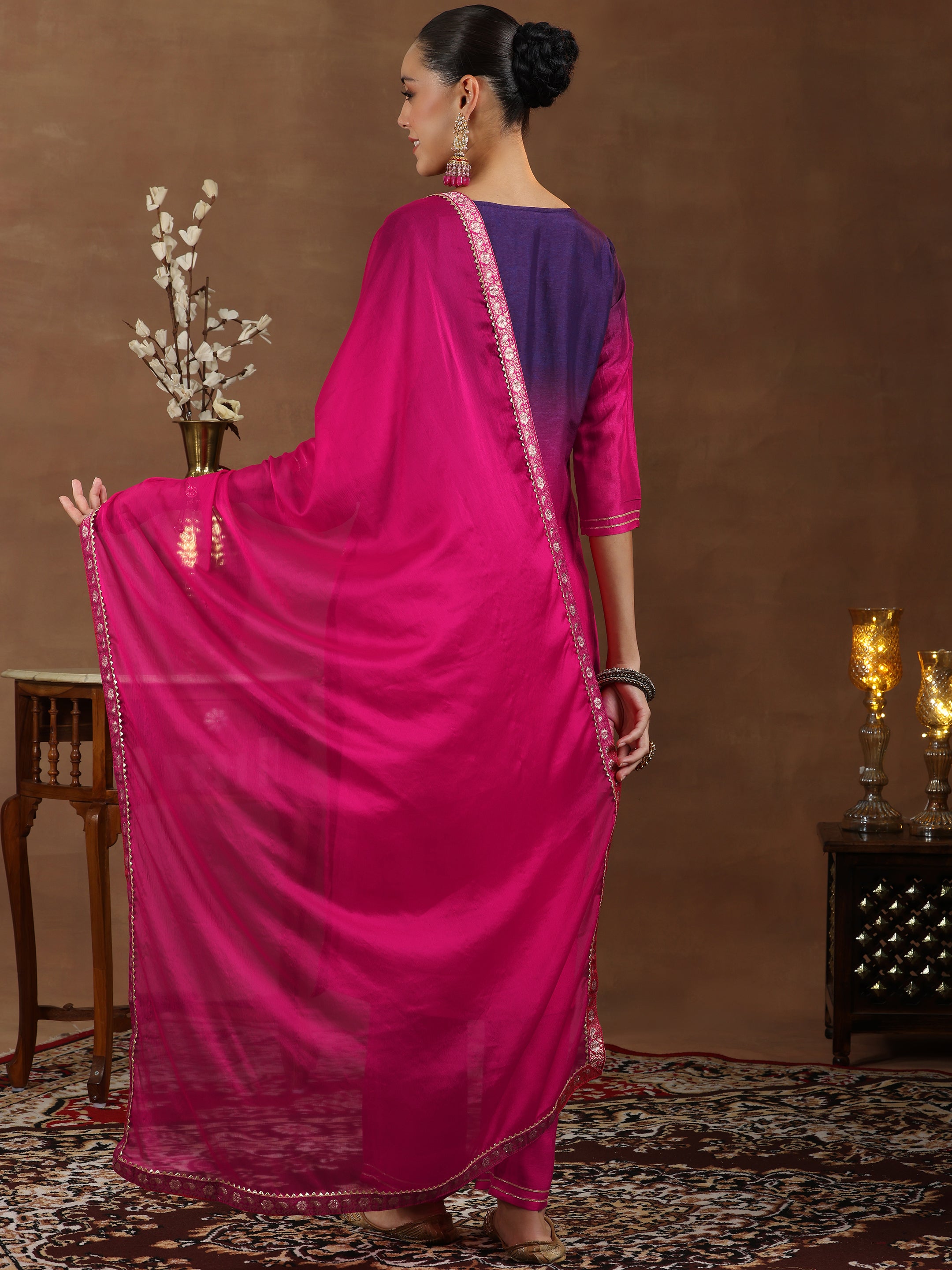 Pink Woven Design Silk Blend Straight Suit With Dupatta