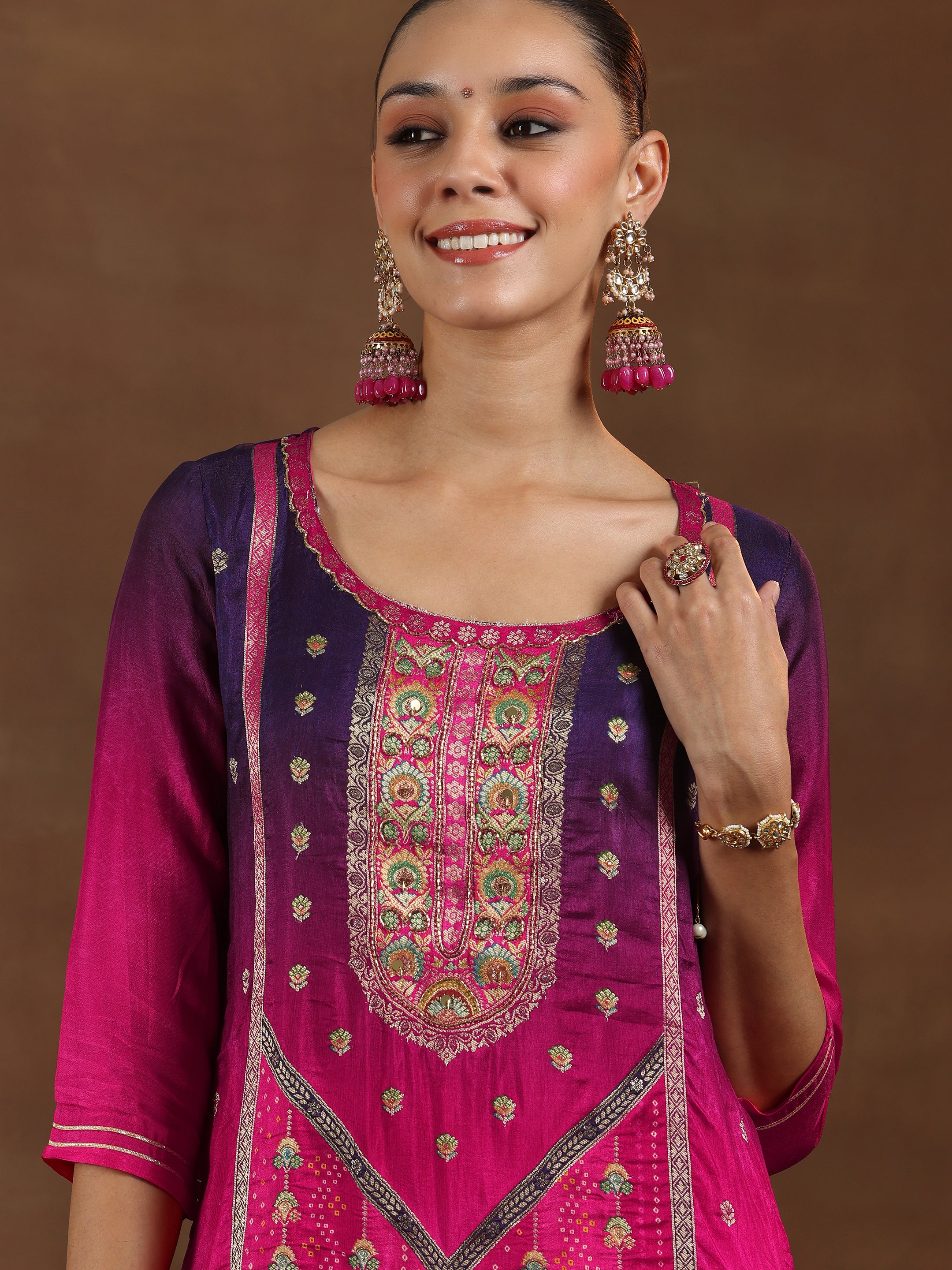 Pink Woven Design Silk Blend Straight Suit With Dupatta