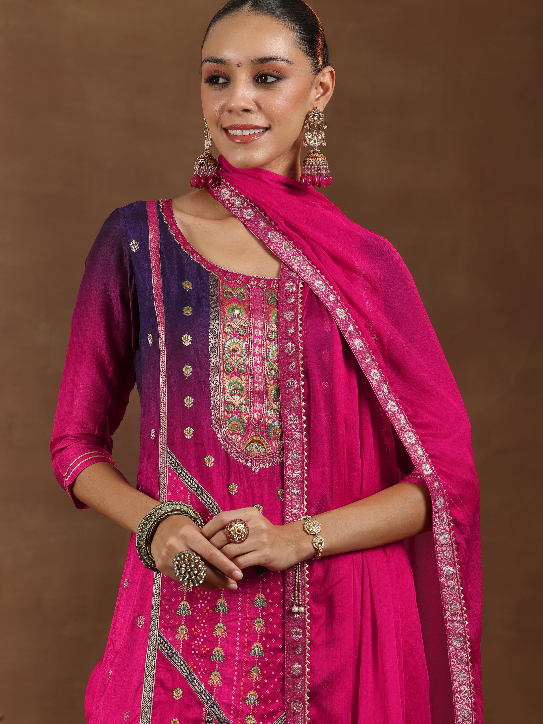 Pink Woven Design Silk Blend Straight Suit With Dupatta