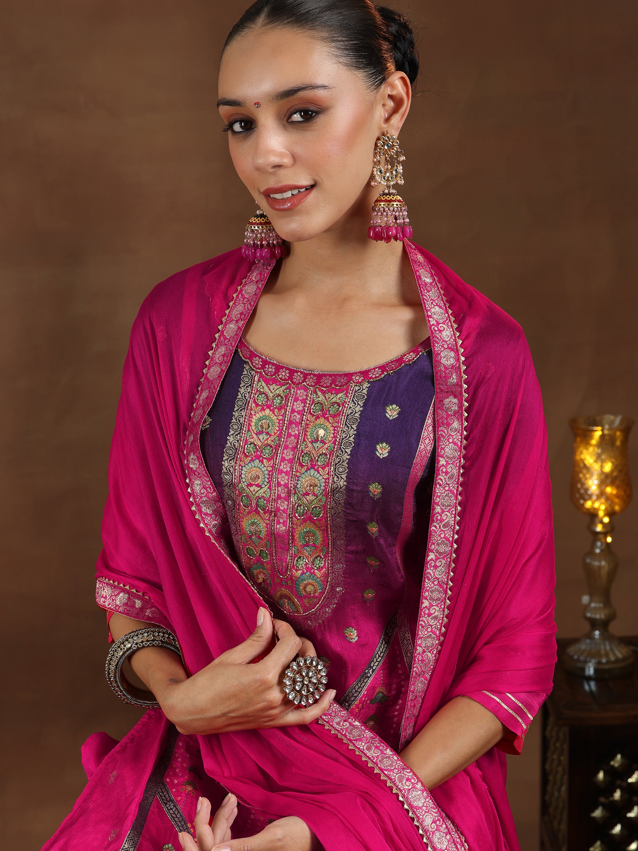 Pink Woven Design Silk Blend Straight Suit With Dupatta