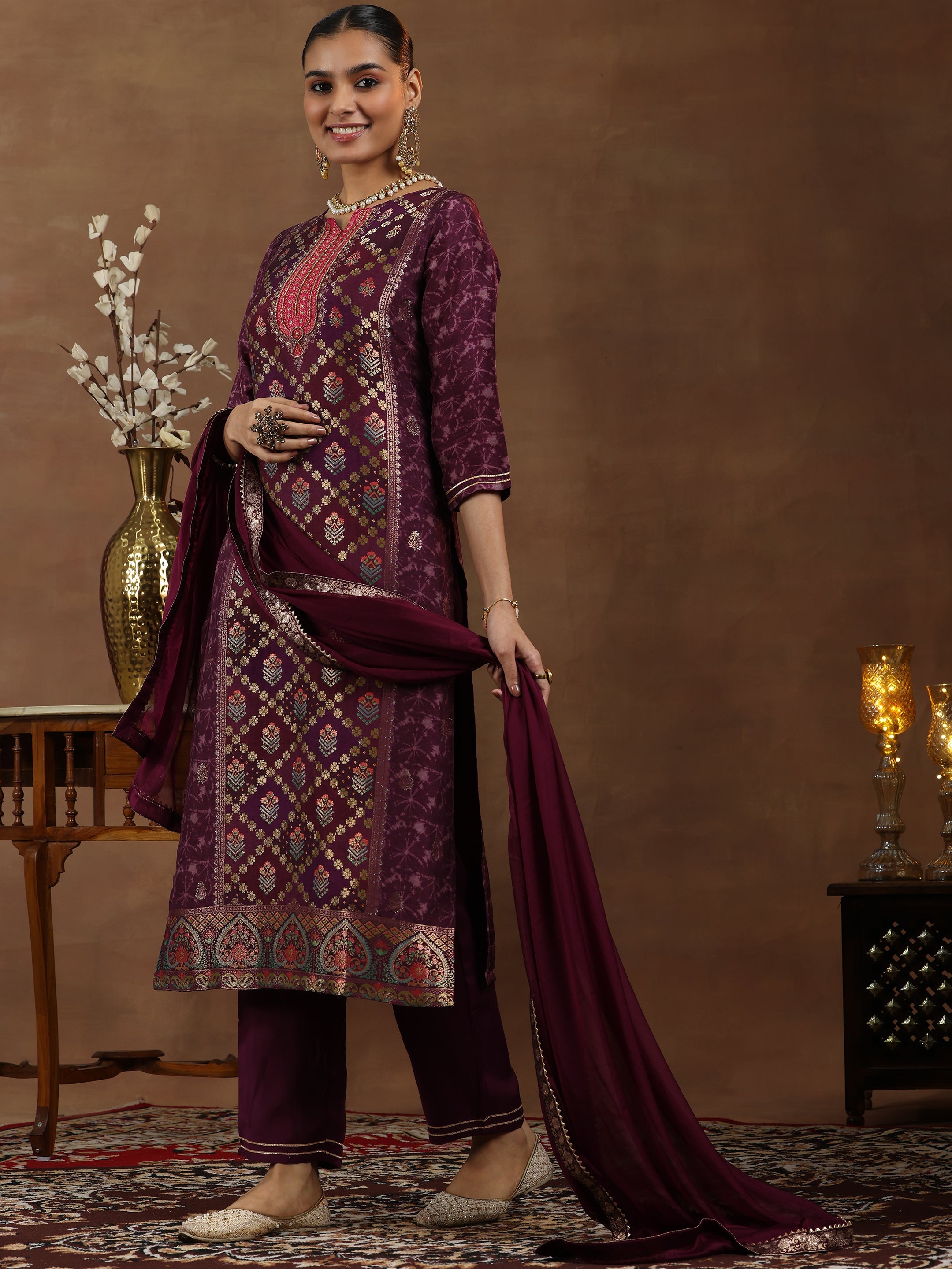 Wine Woven Design Silk Blend Straight Suit With Dupatta