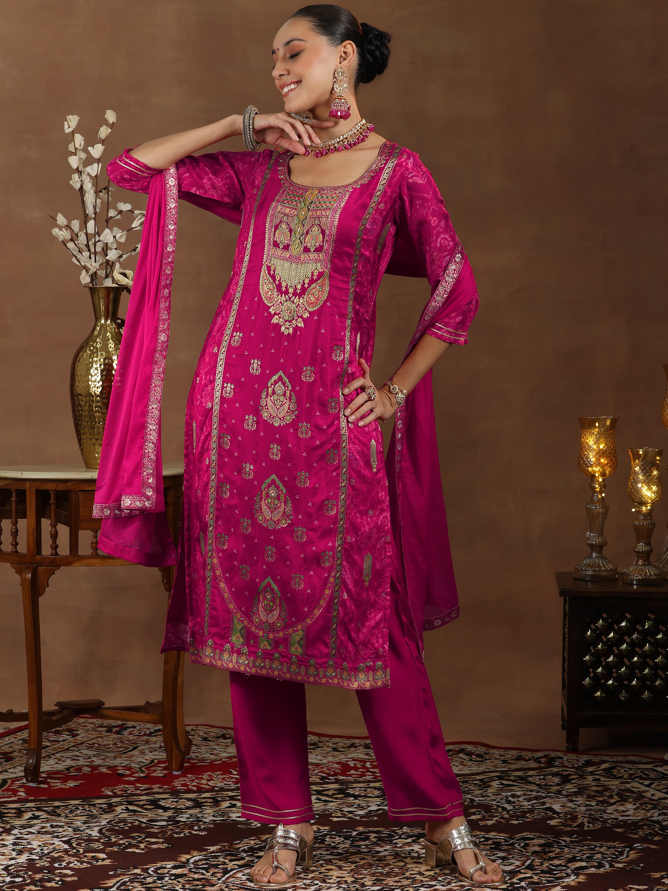 Pink Woven Design Silk Blend Straight Suit With