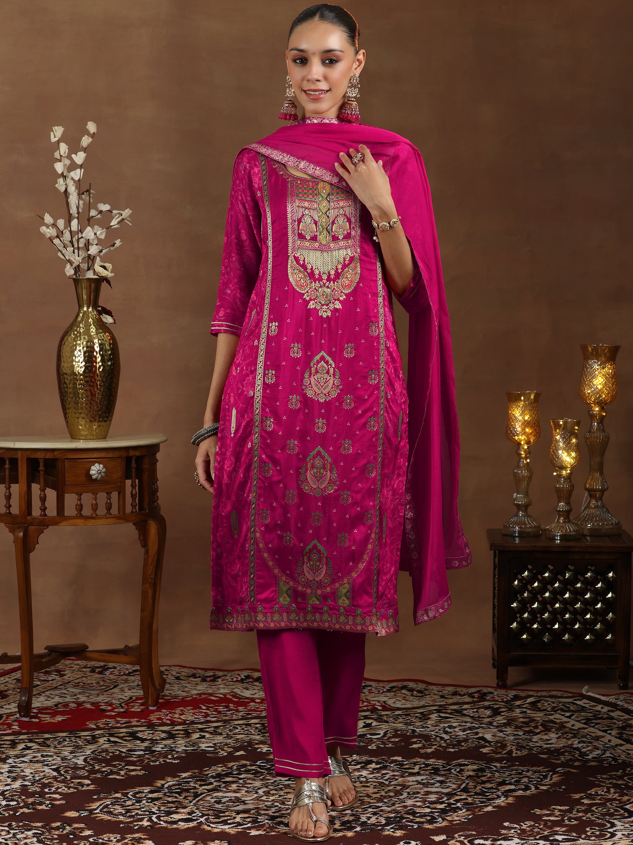 Pink Woven Design Silk Blend Straight Suit With