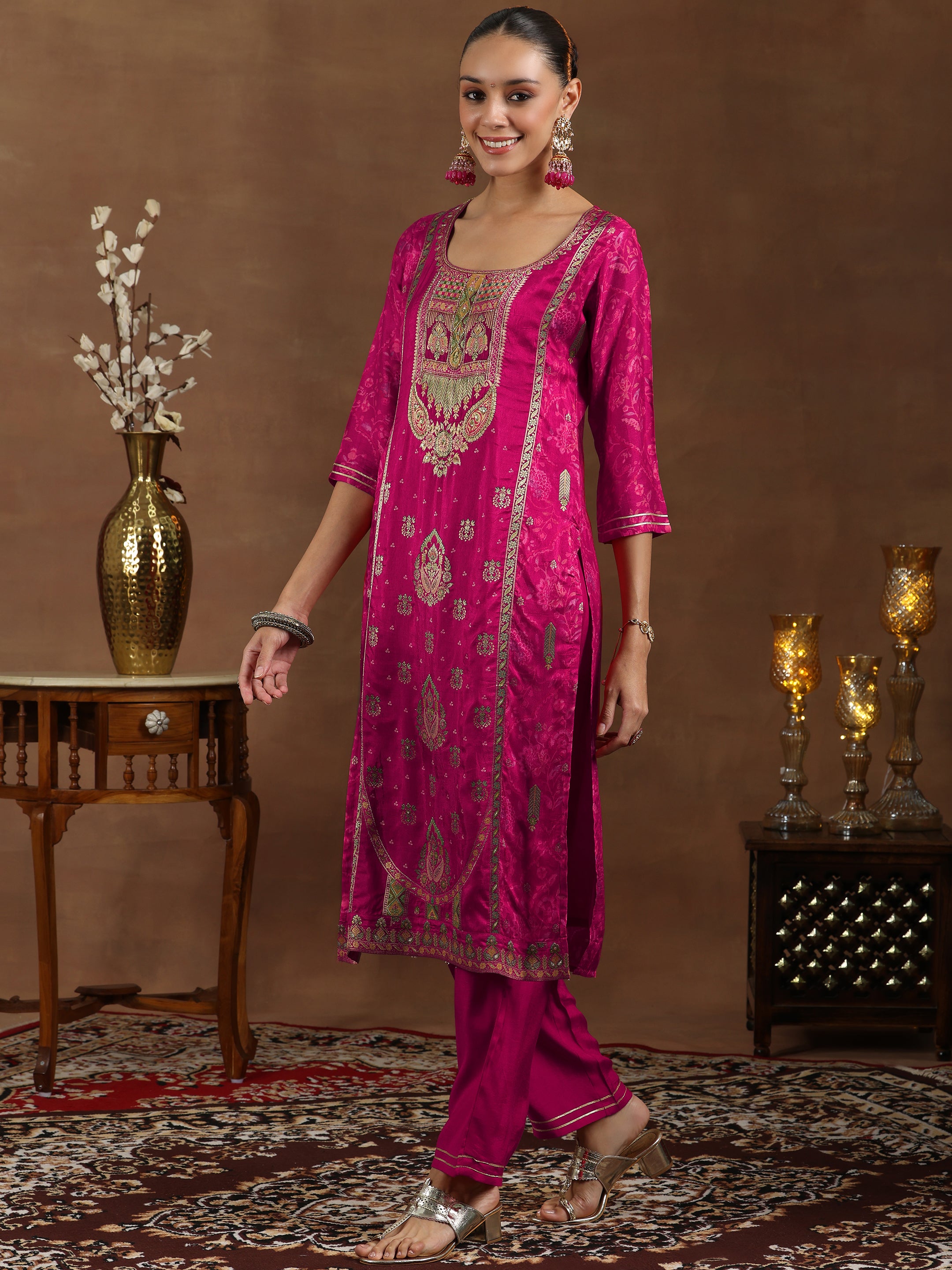 Pink Woven Design Silk Blend Straight Suit With