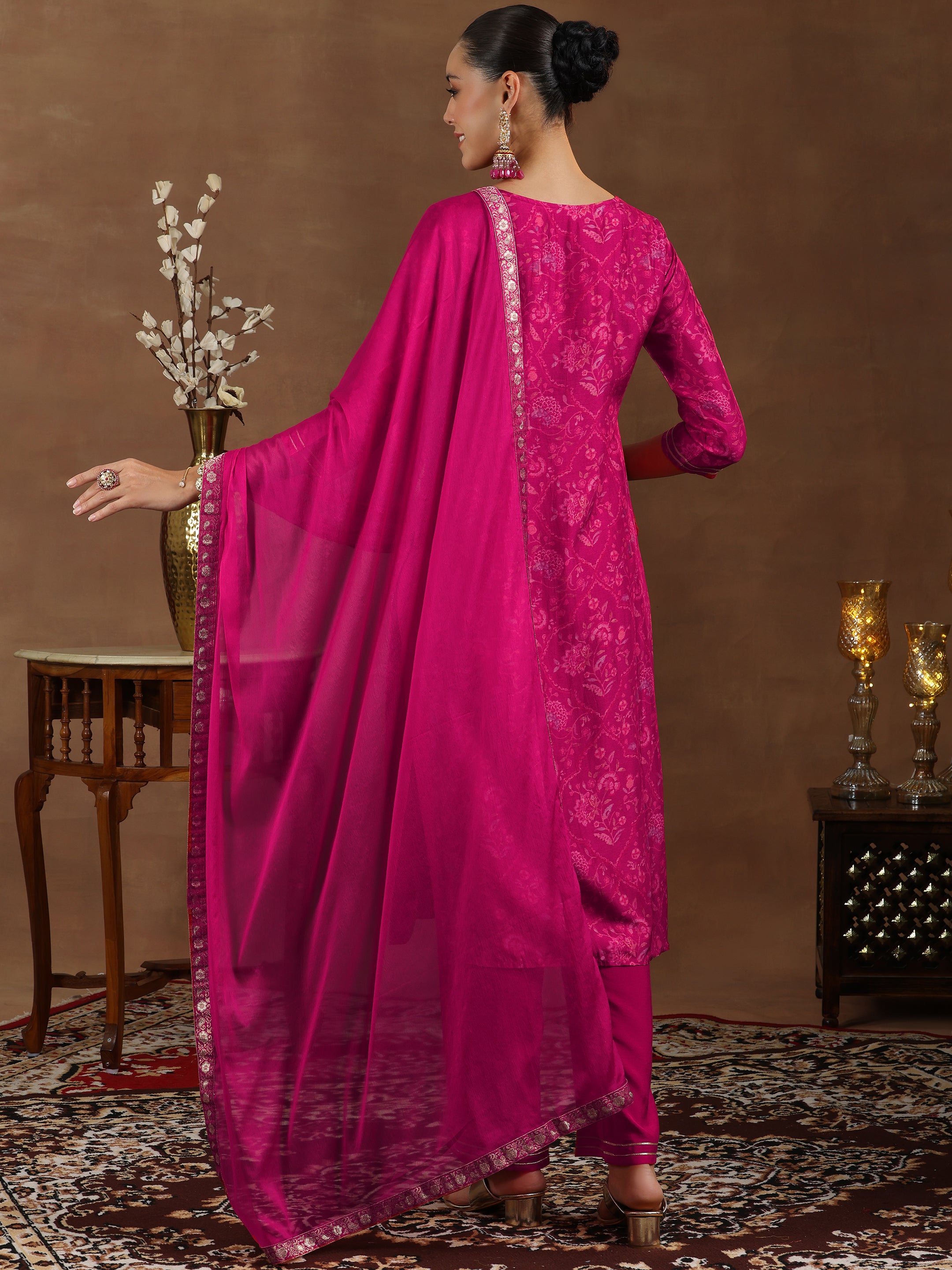 Pink Woven Design Silk Blend Straight Suit With