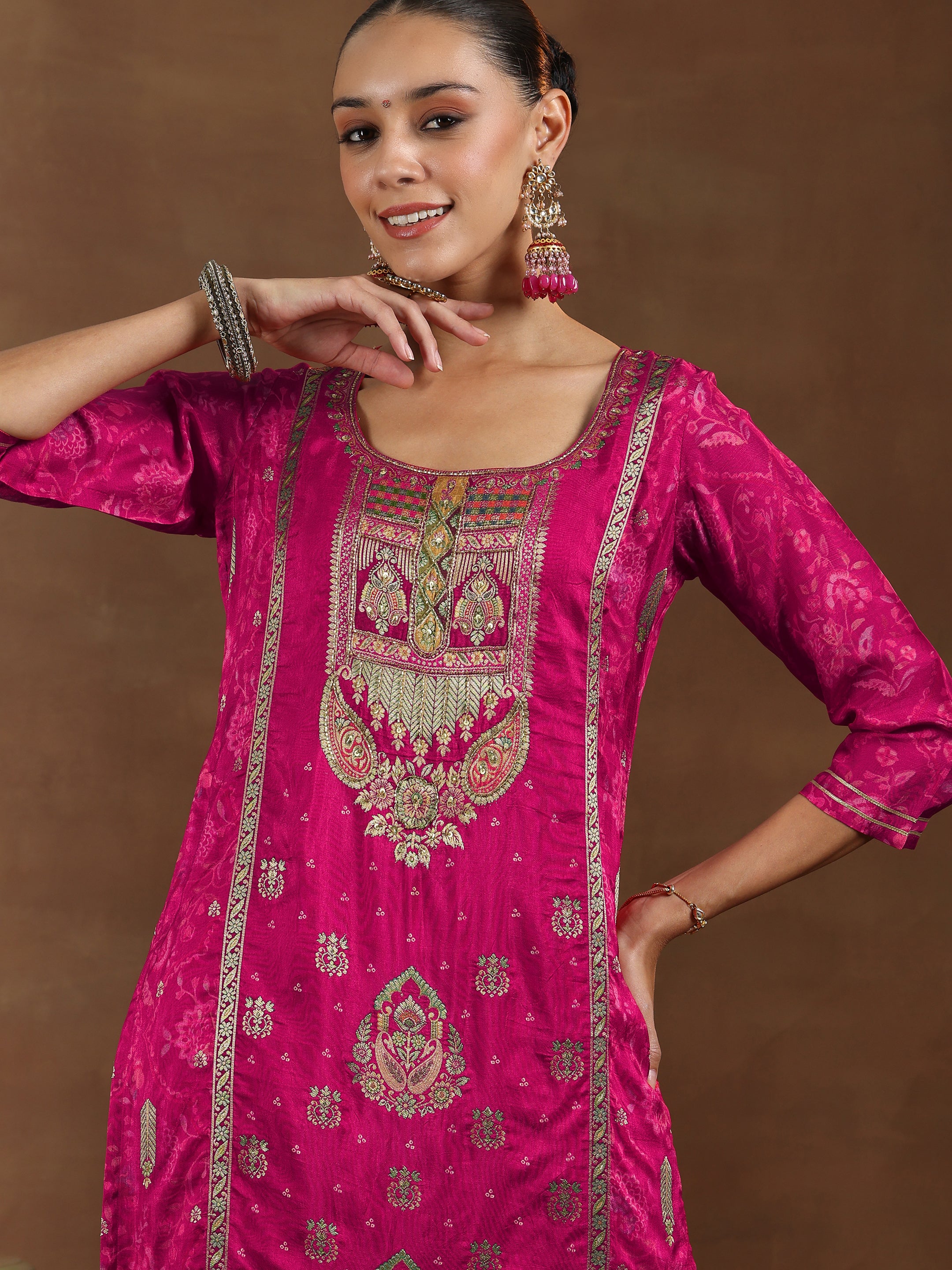 Pink Woven Design Silk Blend Straight Suit With