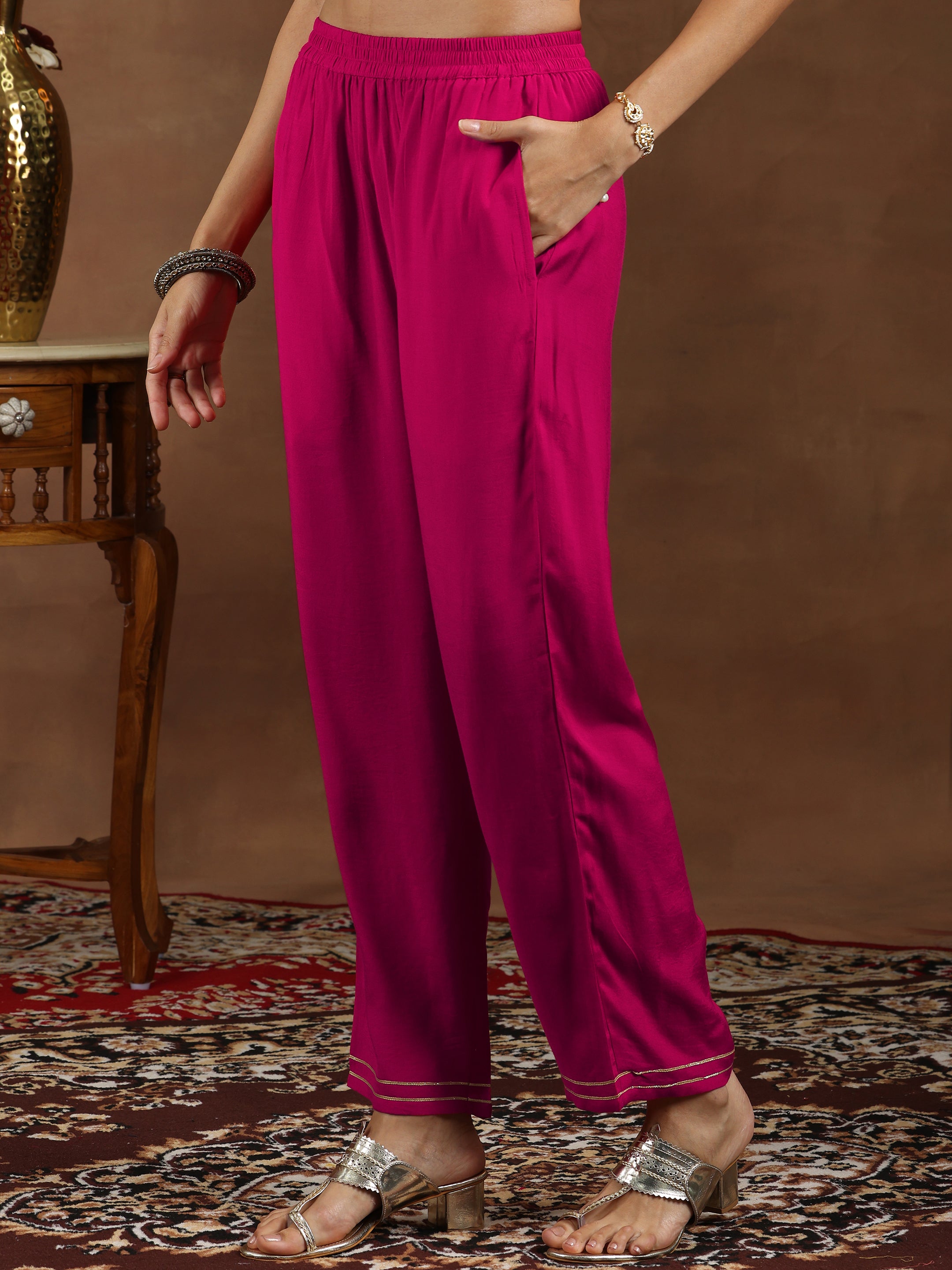 Pink Woven Design Silk Blend Straight Suit With