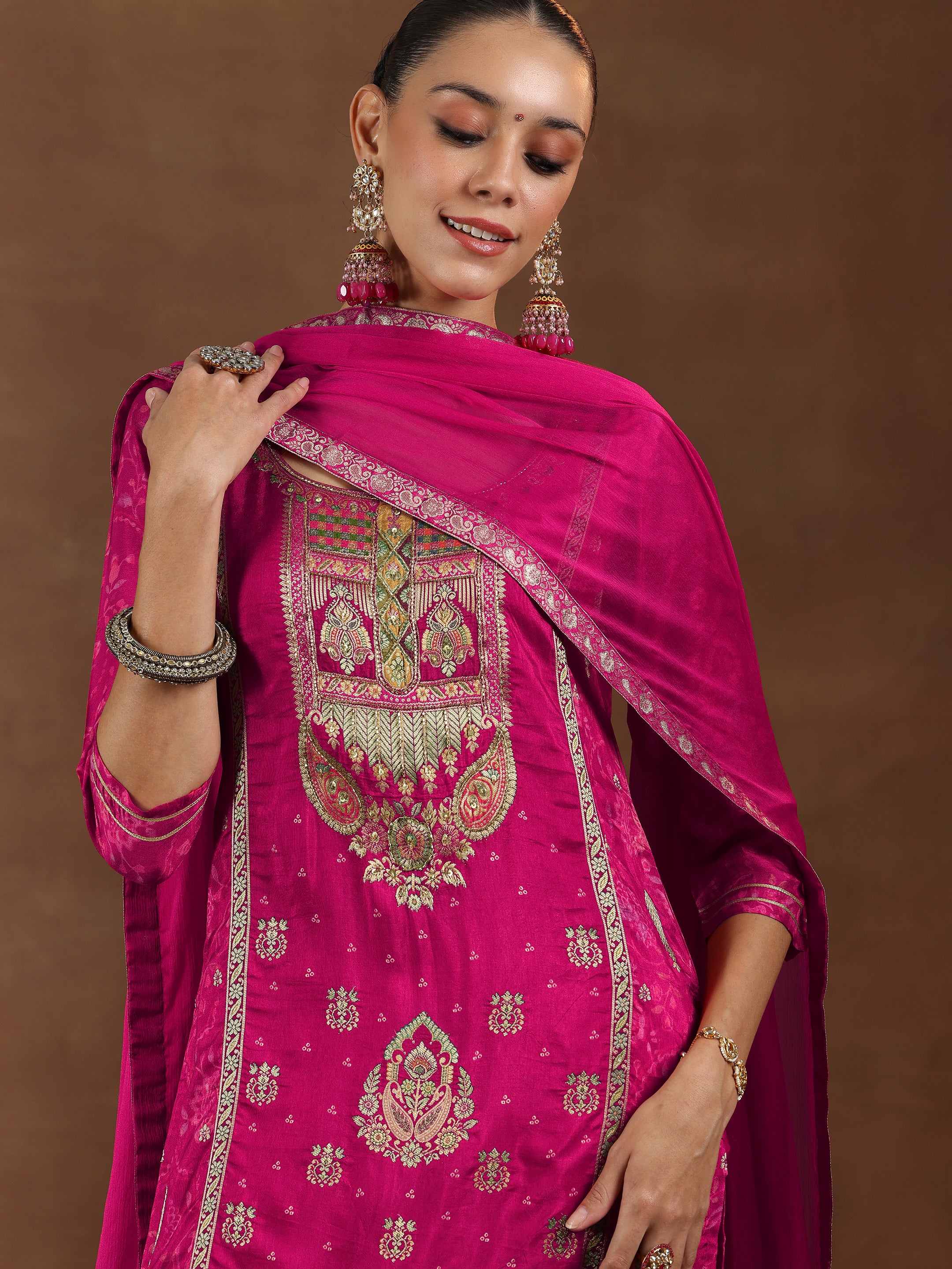 Pink Woven Design Silk Blend Straight Suit With