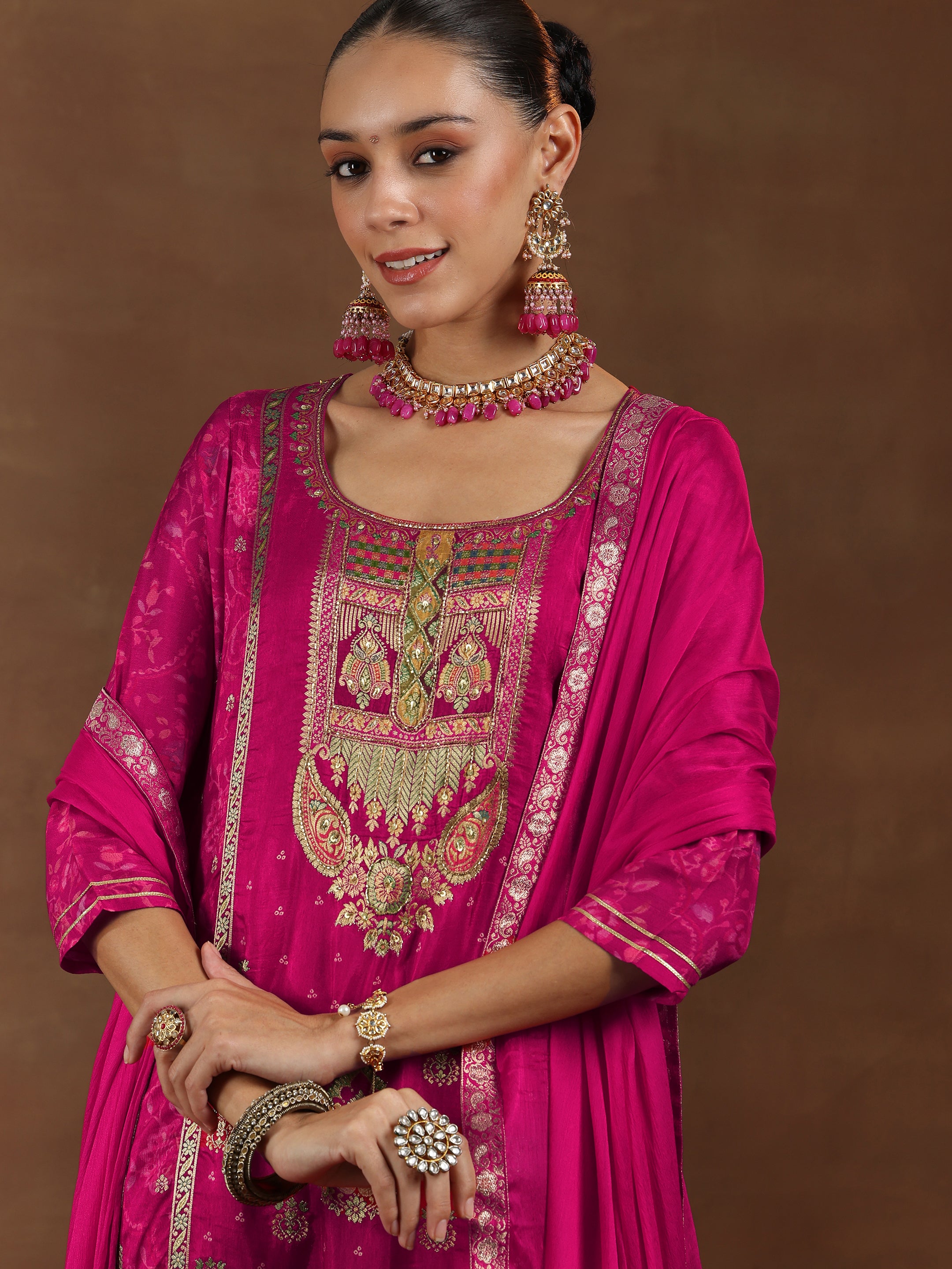 Pink Woven Design Silk Blend Straight Suit With