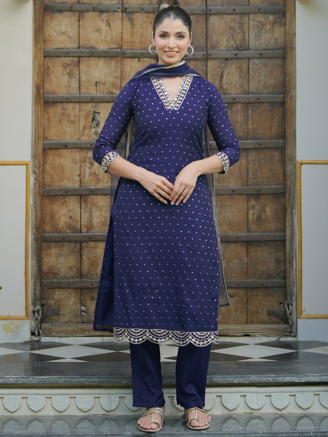 Blue Self Design Silk Blend Straight Suit With Dupatta