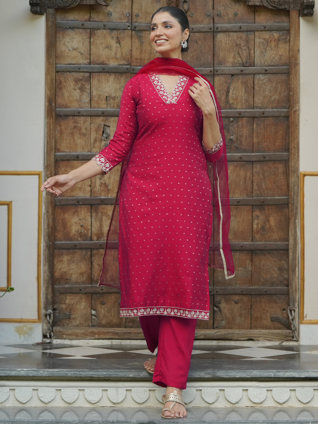 Pink Self Design Silk Blend Straight Suit With Dupatta