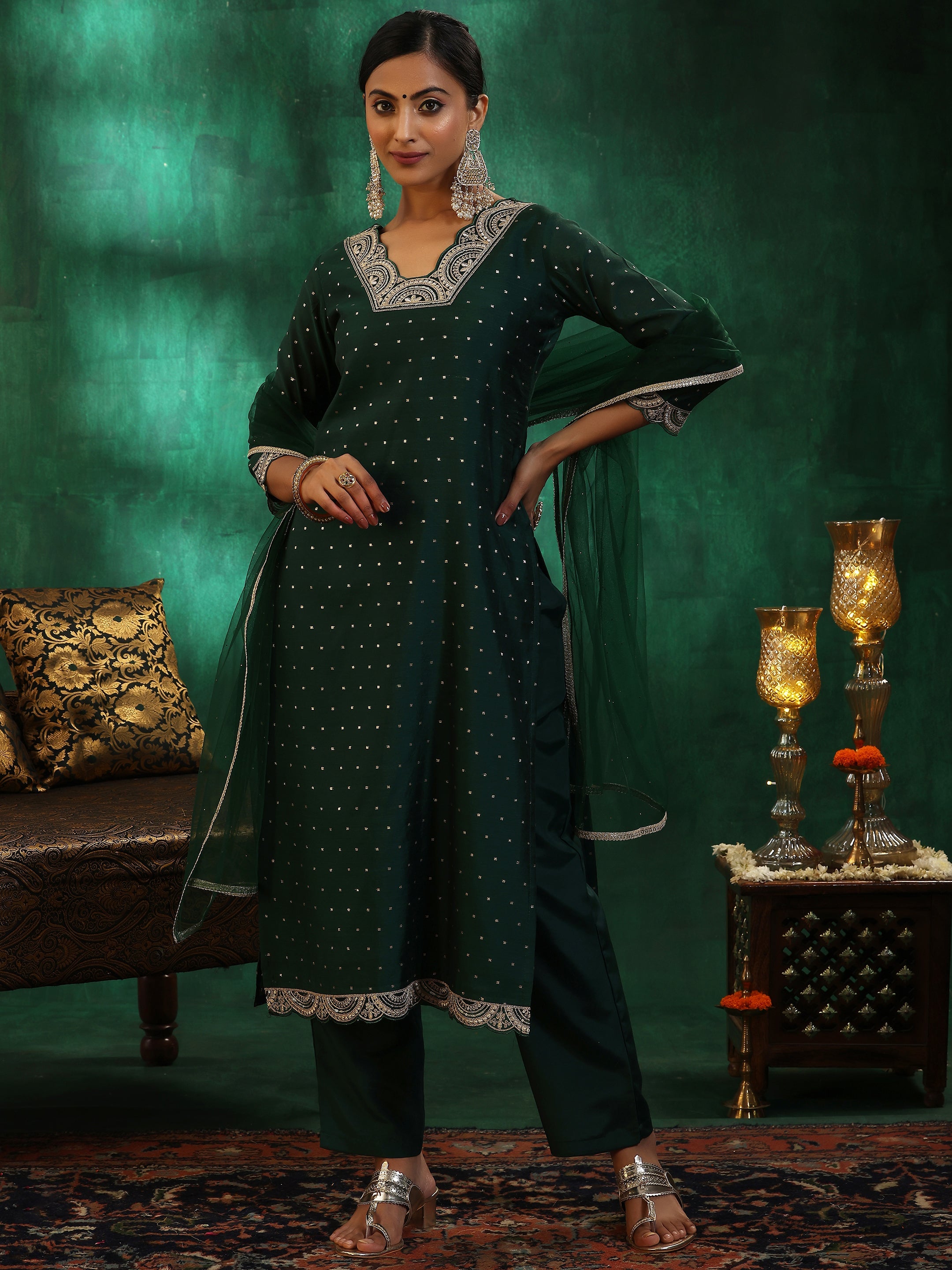 Green Self Design Silk blend Straight Suit With Dupatta