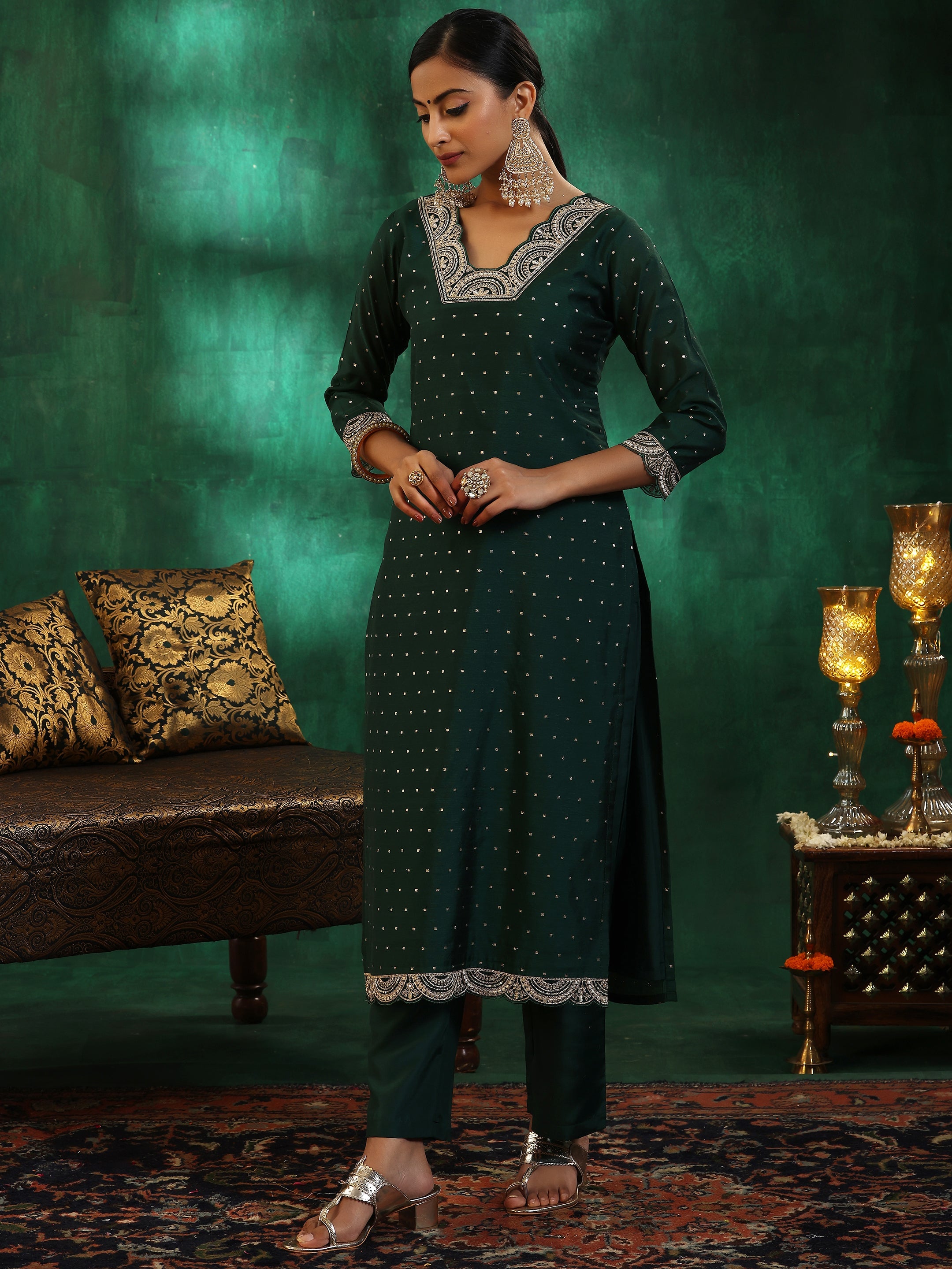 Green Self Design Silk blend Straight Suit With Dupatta