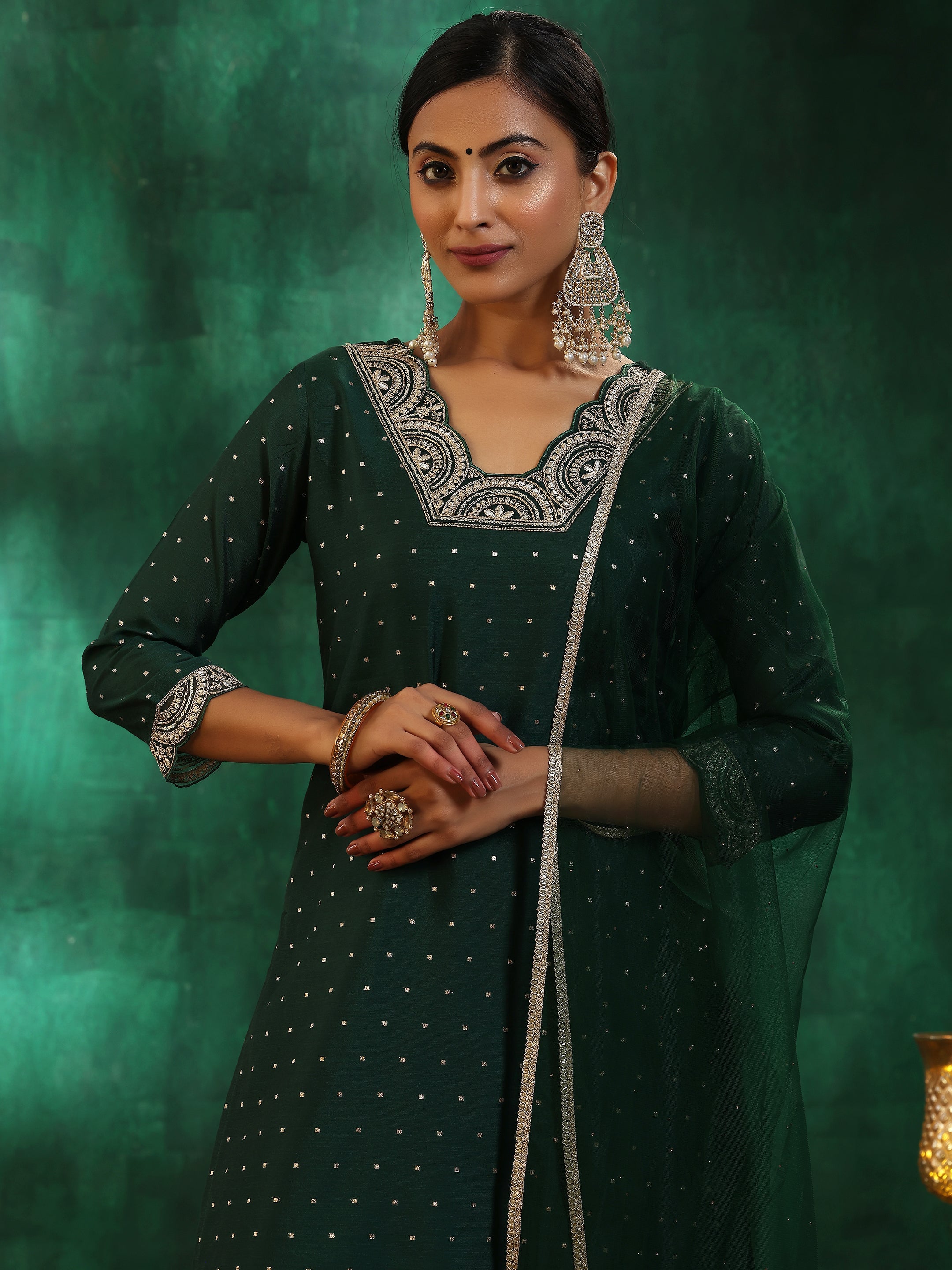 Green Self Design Silk blend Straight Suit With Dupatta