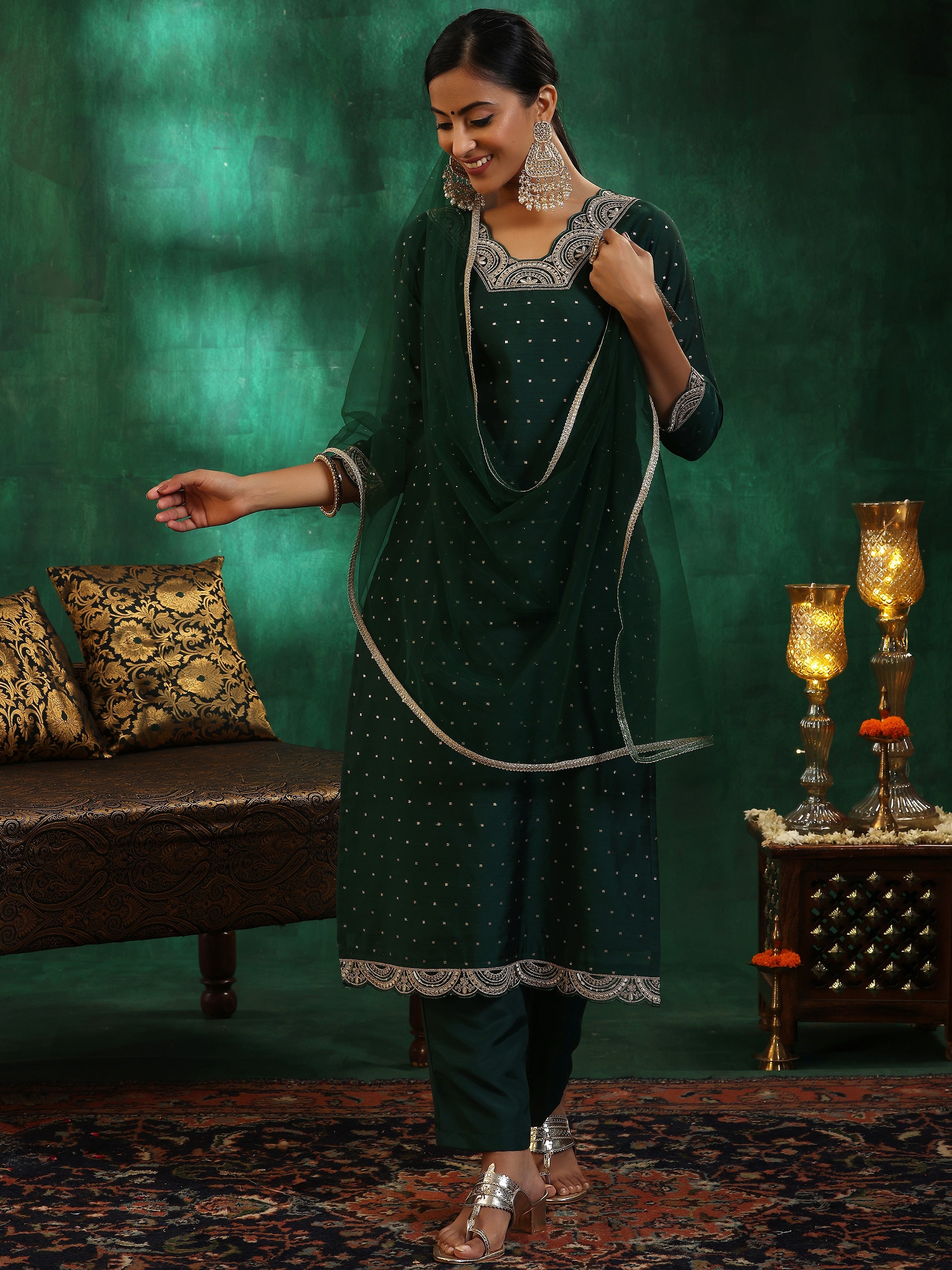 Green Self Design Silk blend Straight Suit With Dupatta