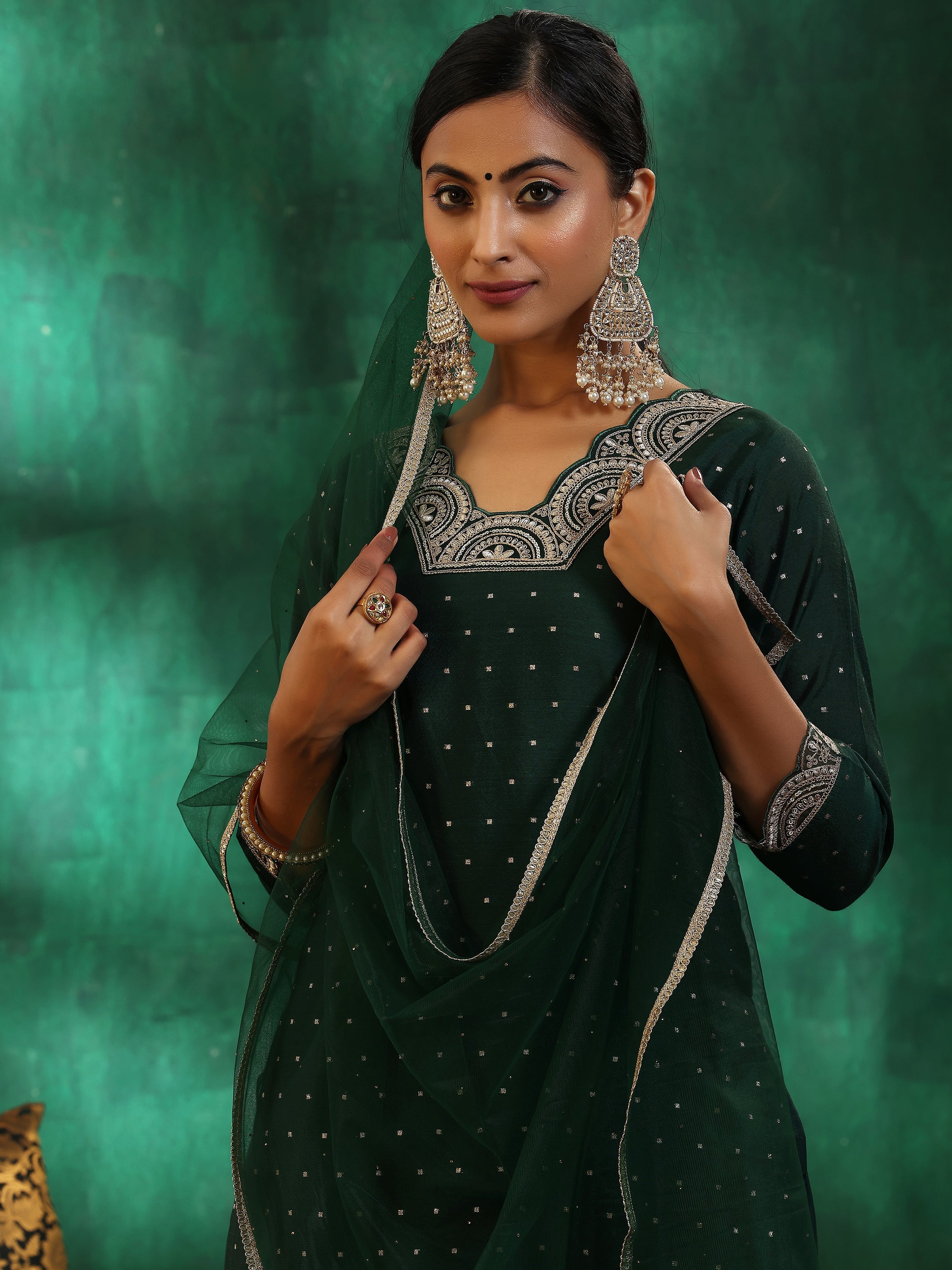 Green Self Design Silk blend Straight Suit With Dupatta