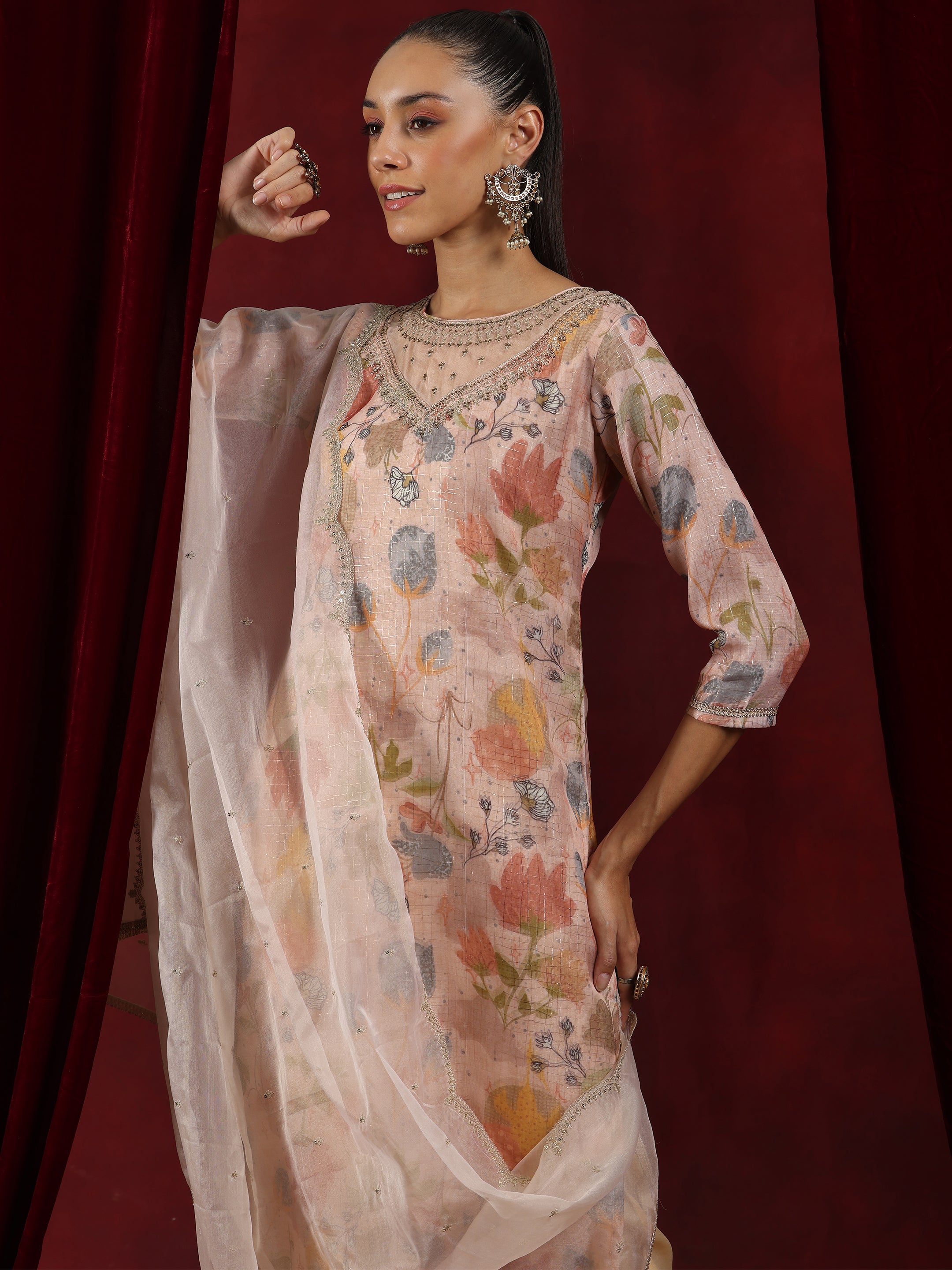 Peach Printed Organza Straight Suit With Dupatta