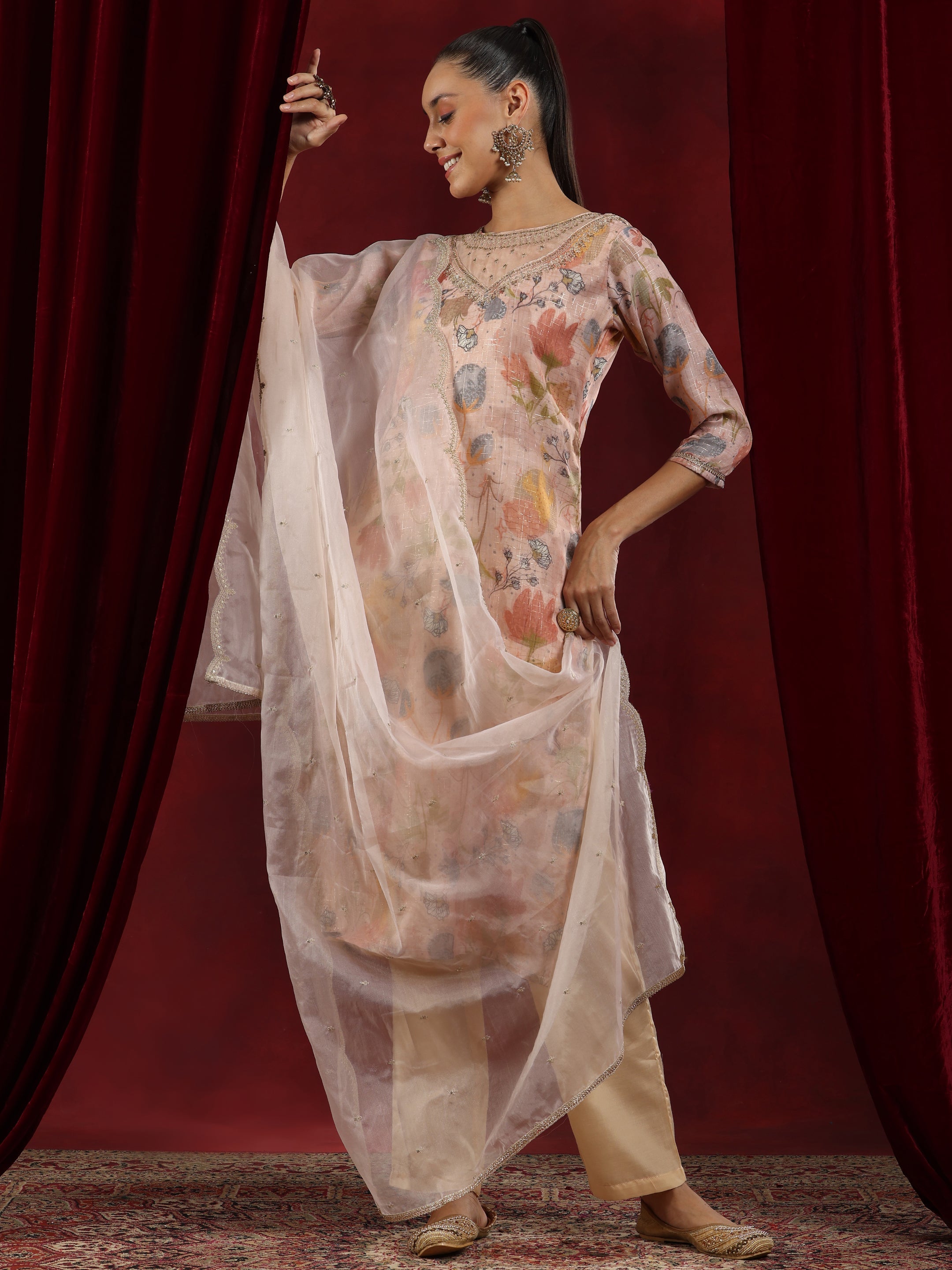 Peach Printed Organza Straight Suit With Dupatta