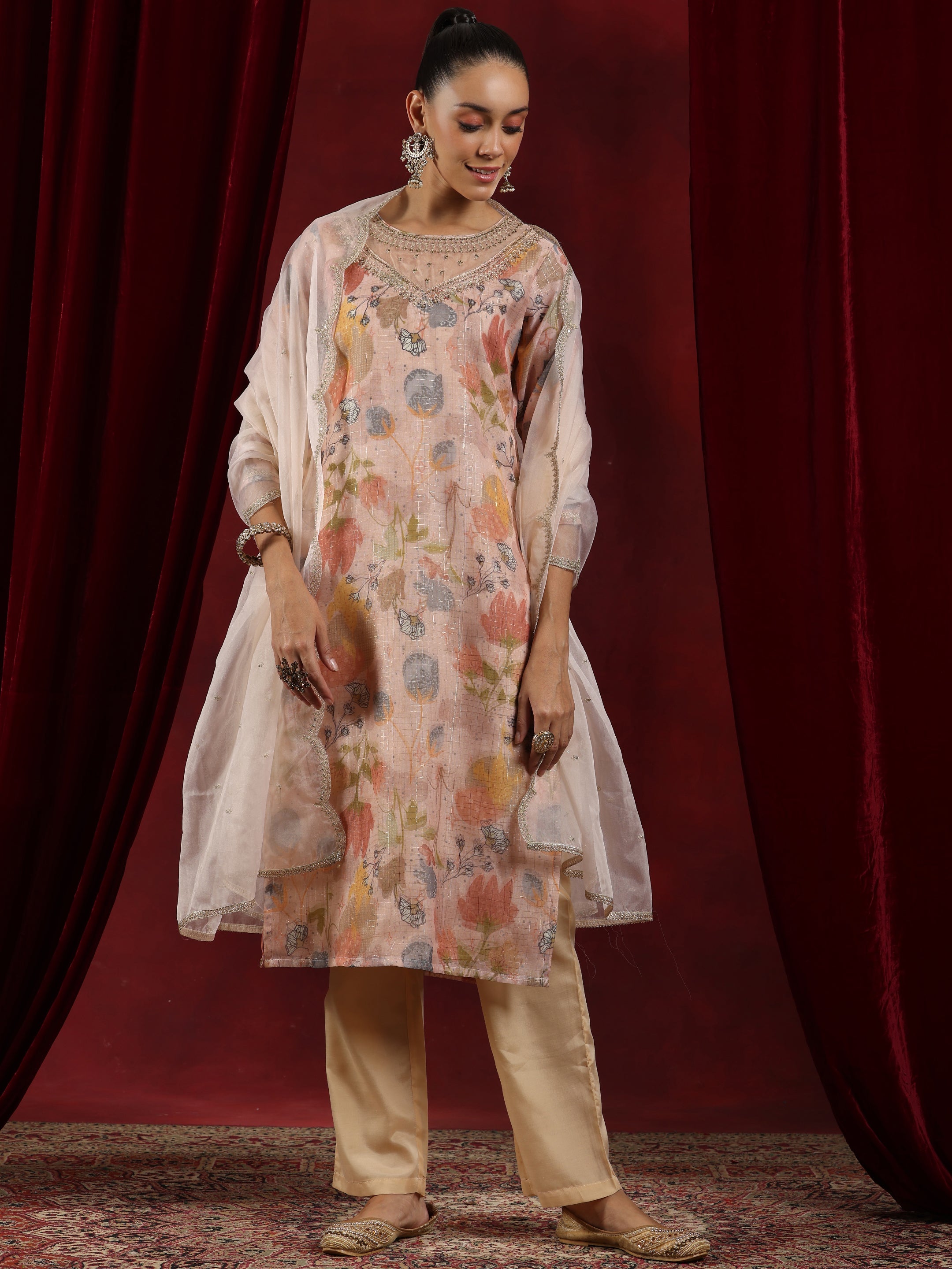 Peach Printed Organza Straight Suit With Dupatta