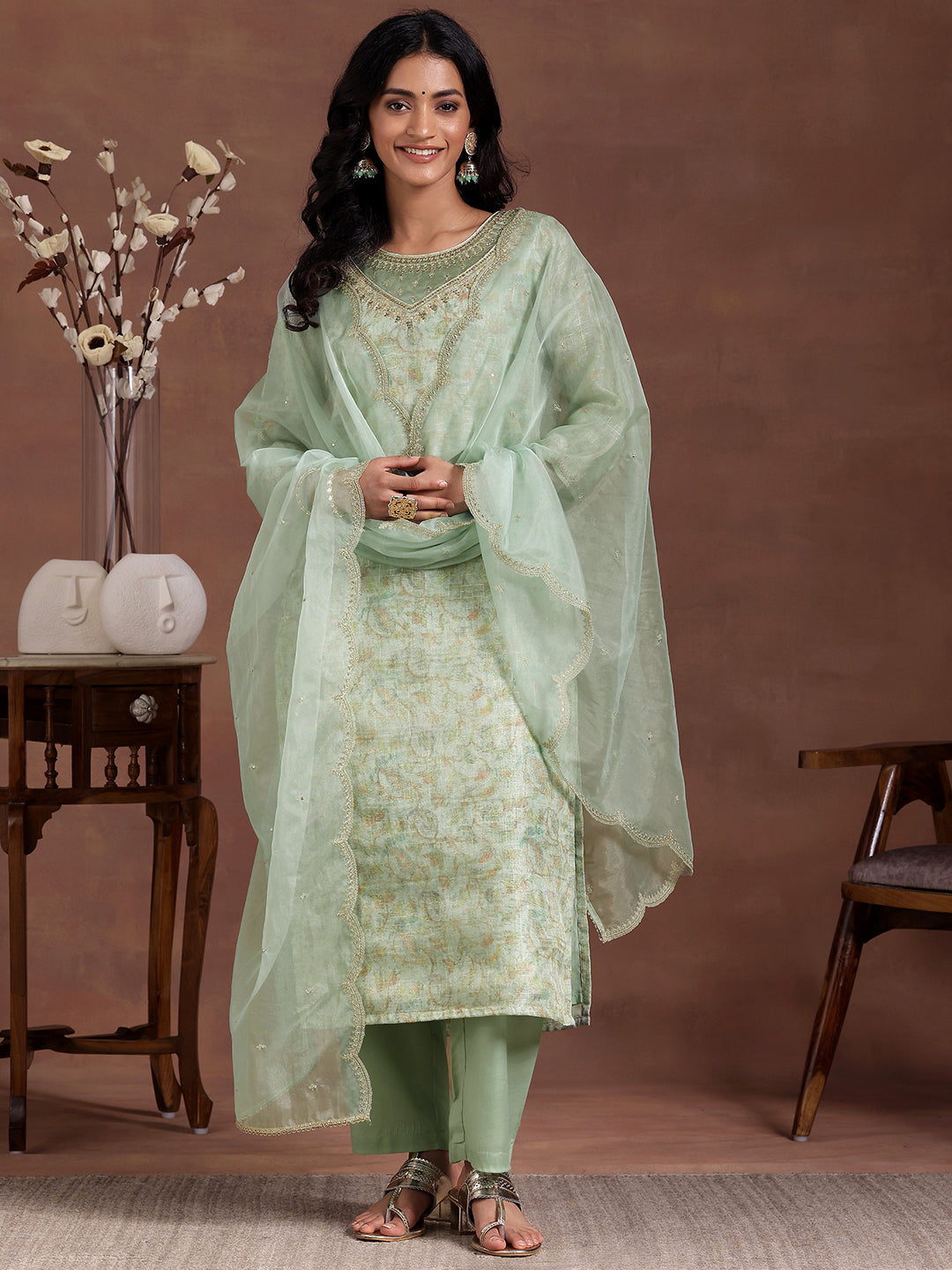 Green Printed Organza Straight Suit With Dupatta