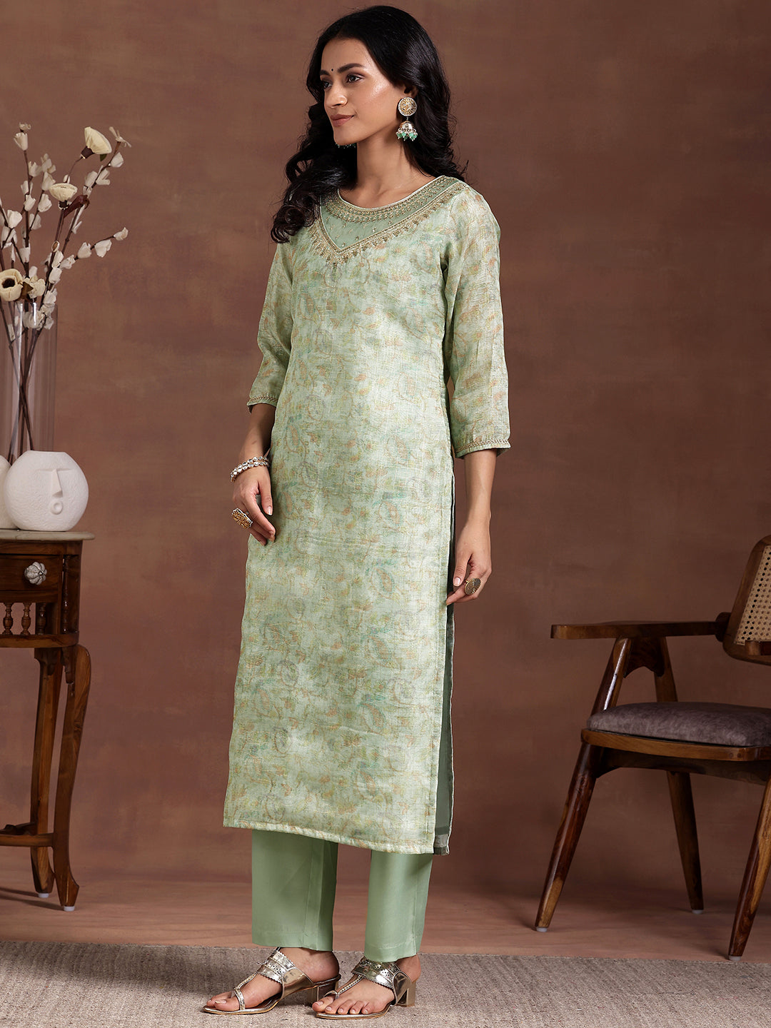 Green Printed Organza Straight Suit With Dupatta