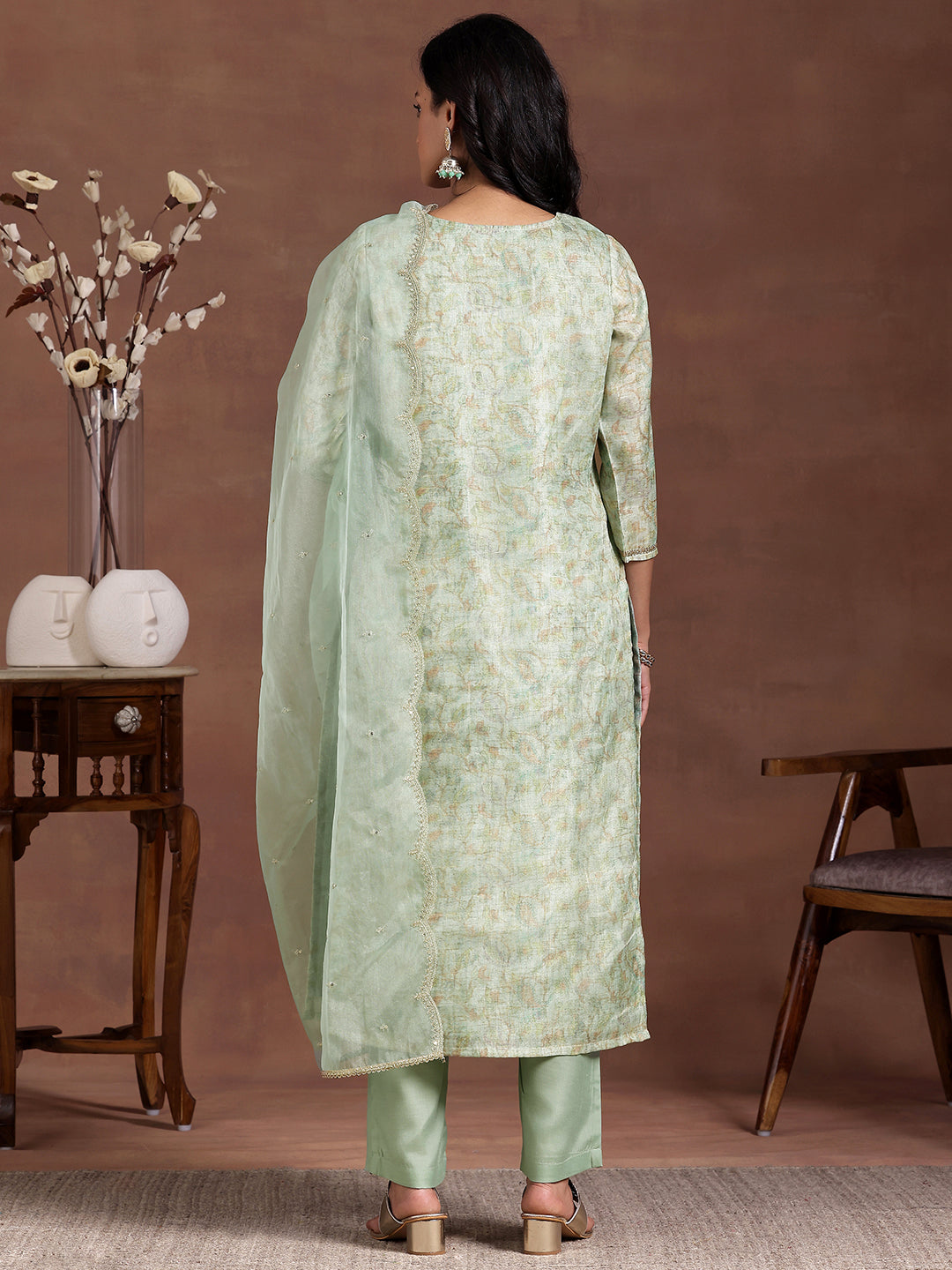 Green Printed Organza Straight Suit With Dupatta