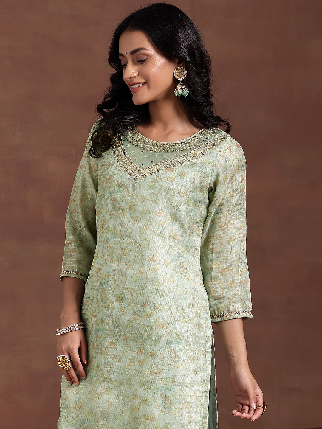 Green Printed Organza Straight Suit With Dupatta