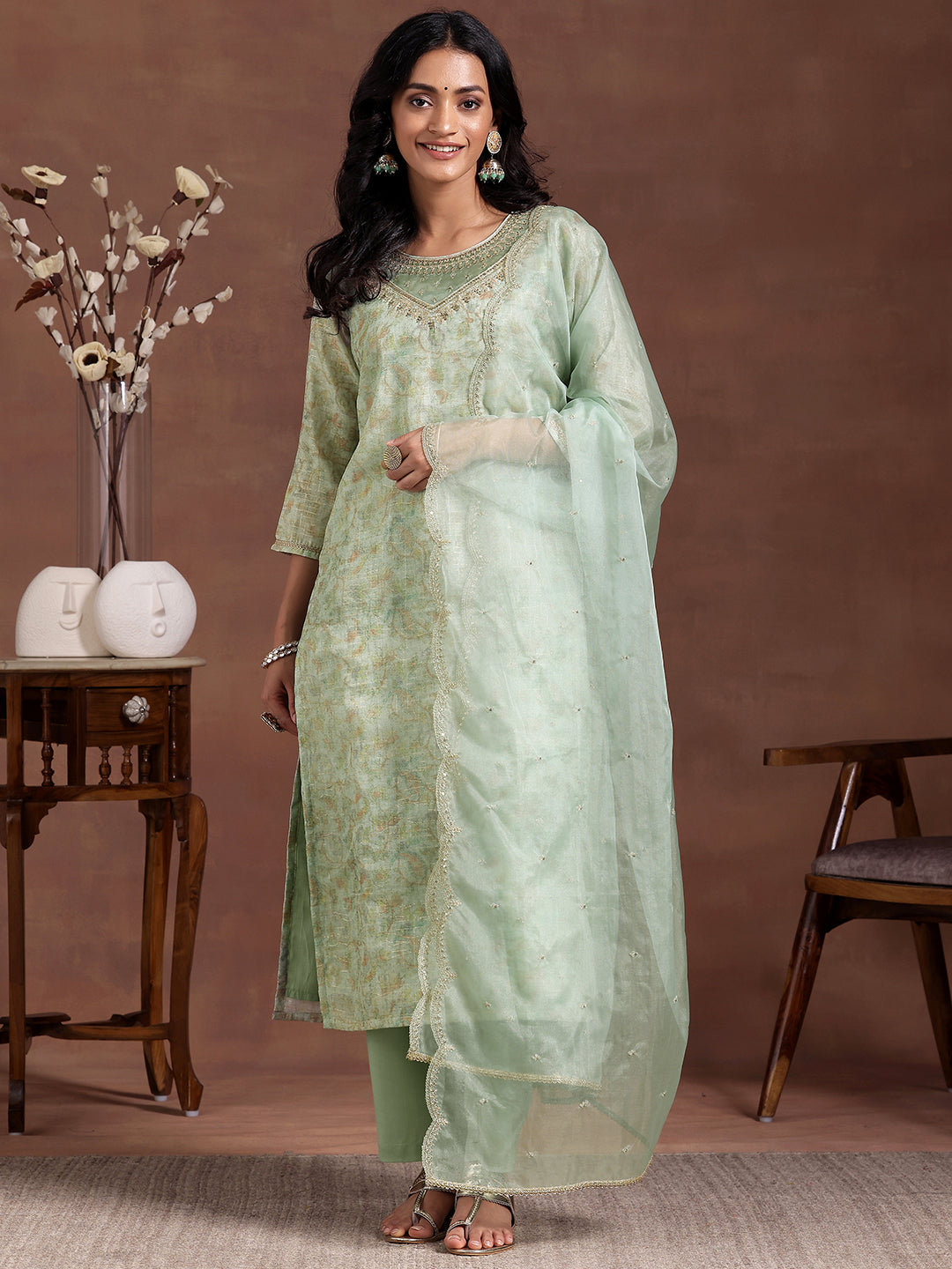 Green Printed Organza Straight Suit With Dupatta