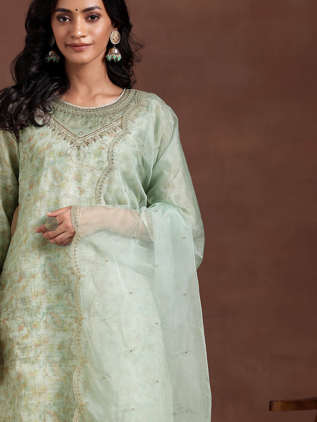 Green Printed Organza Straight Suit With Dupatta