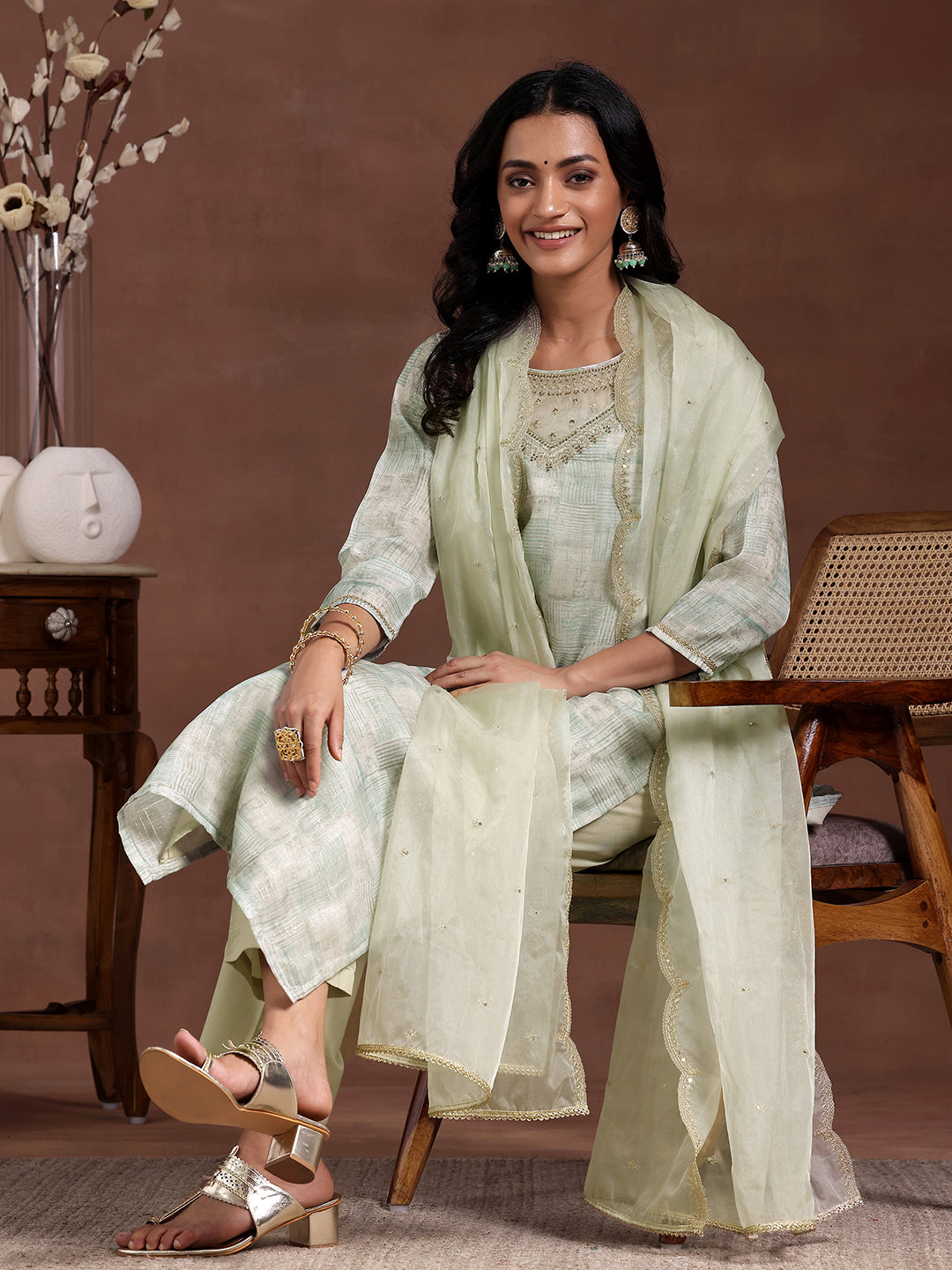 Green Printed Organza Straight Suit With Dupatta