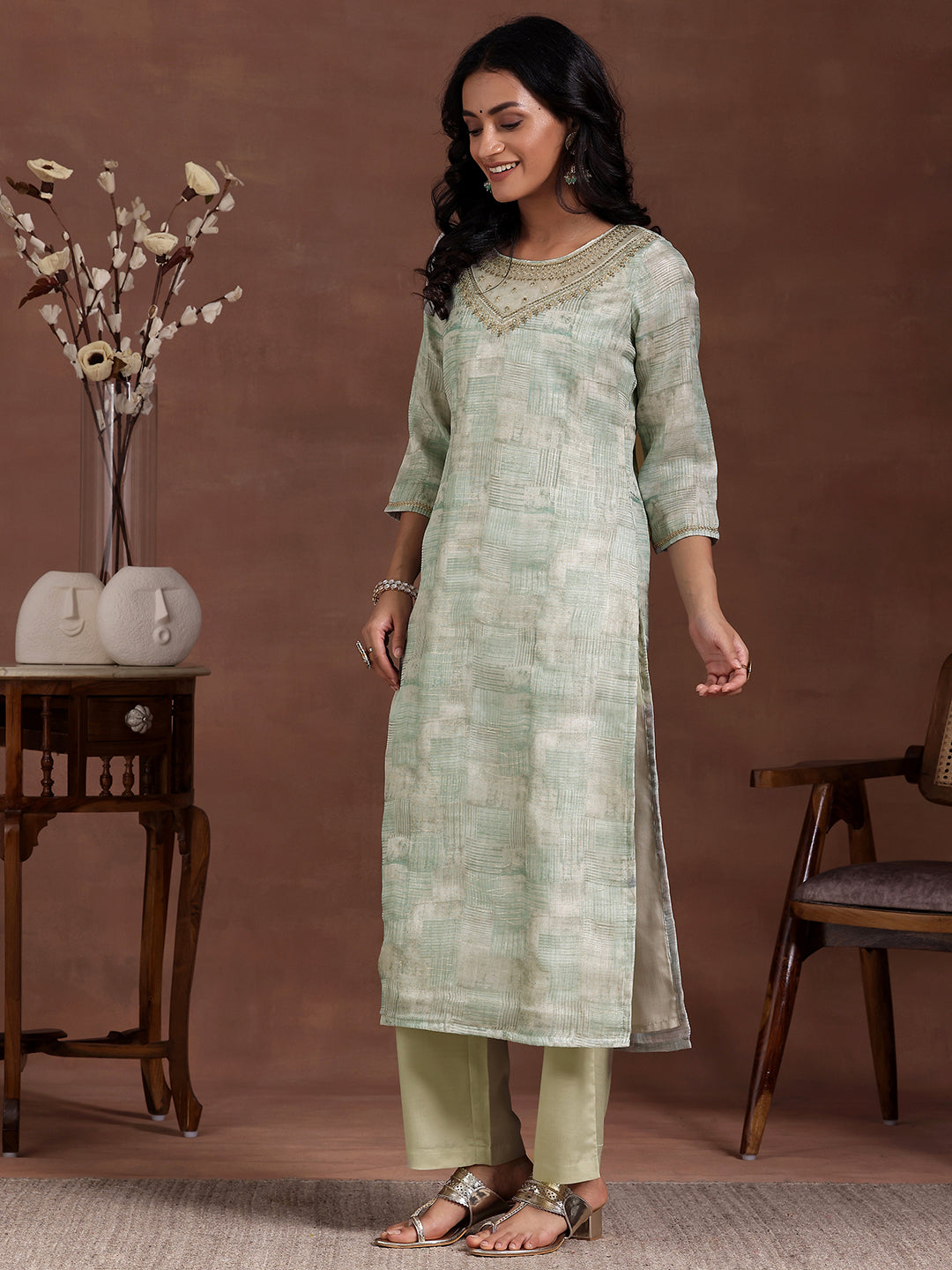 Green Printed Organza Straight Suit With Dupatta