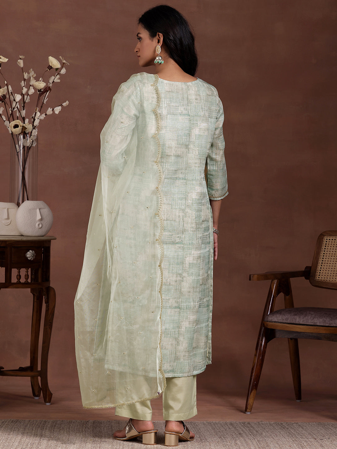 Green Printed Organza Straight Suit With Dupatta