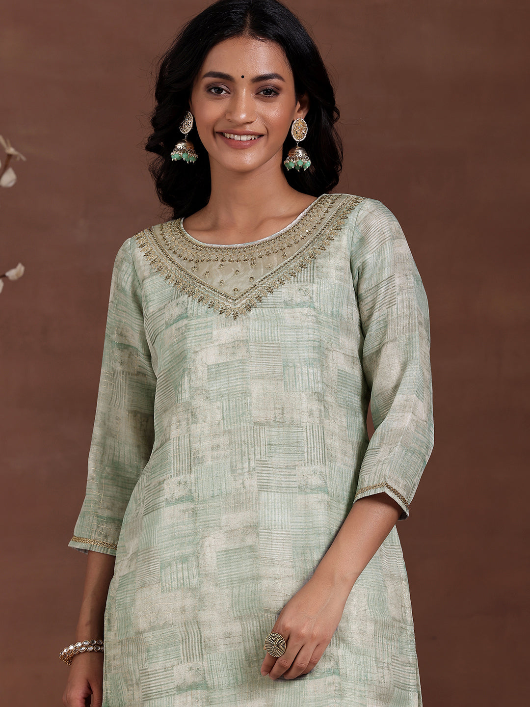 Green Printed Organza Straight Suit With Dupatta