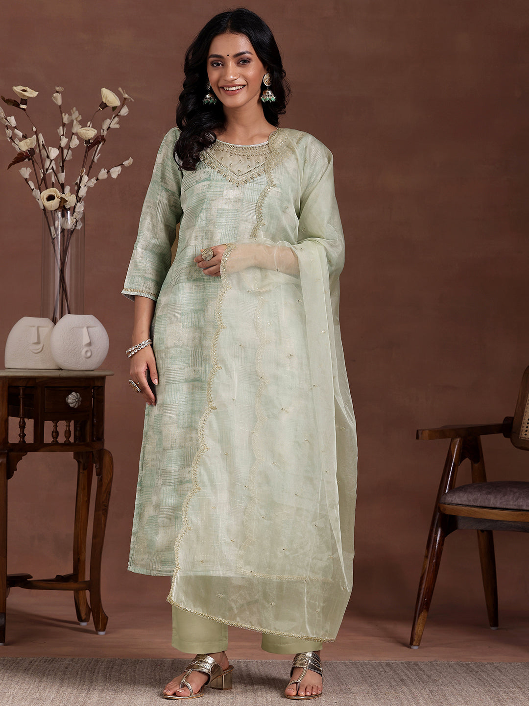 Green Printed Organza Straight Suit With Dupatta