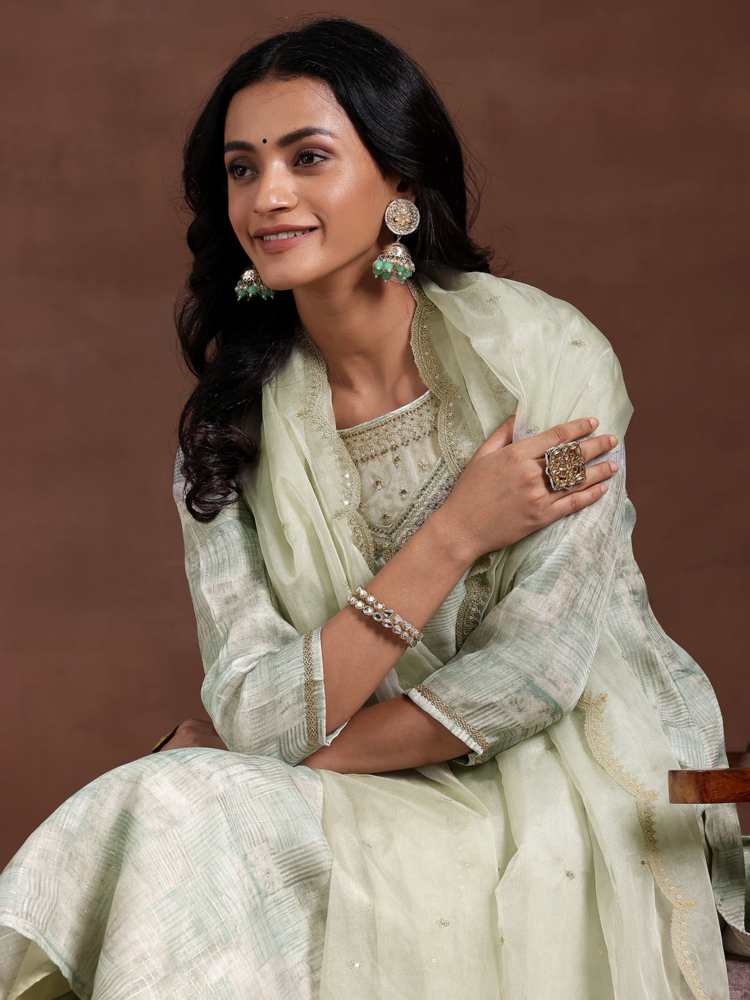 Green Printed Organza Straight Suit With Dupatta