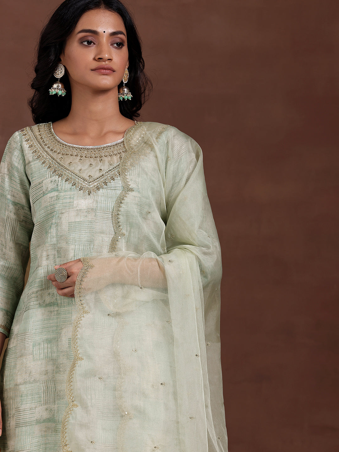 Green Printed Organza Straight Suit With Dupatta