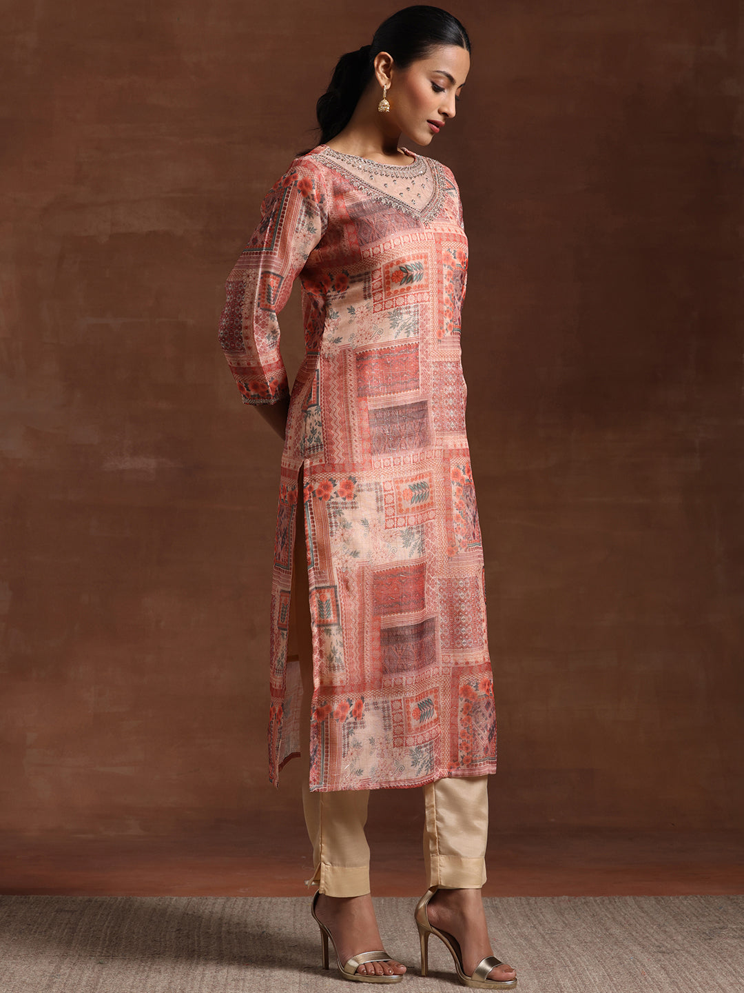 Peach Printed Organza Straight Suit With Dupatta