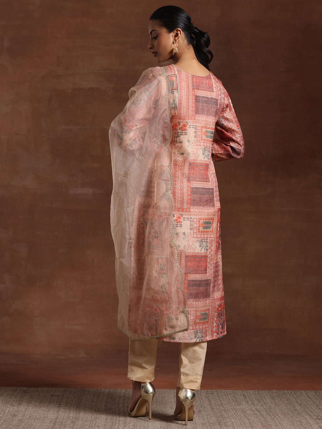 Peach Printed Organza Straight Suit With Dupatta