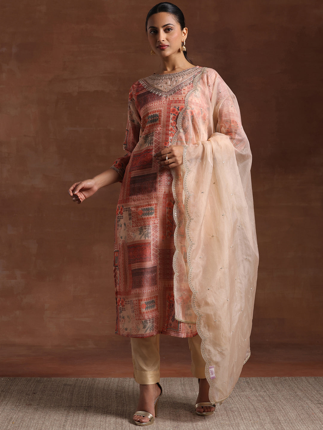 Peach Printed Organza Straight Suit With Dupatta