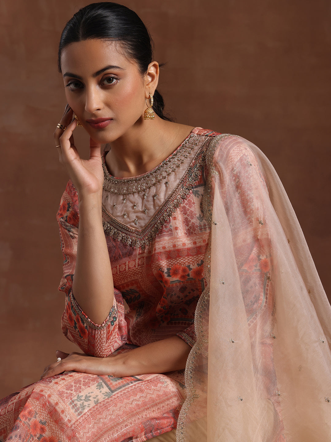 Peach Printed Organza Straight Suit With Dupatta