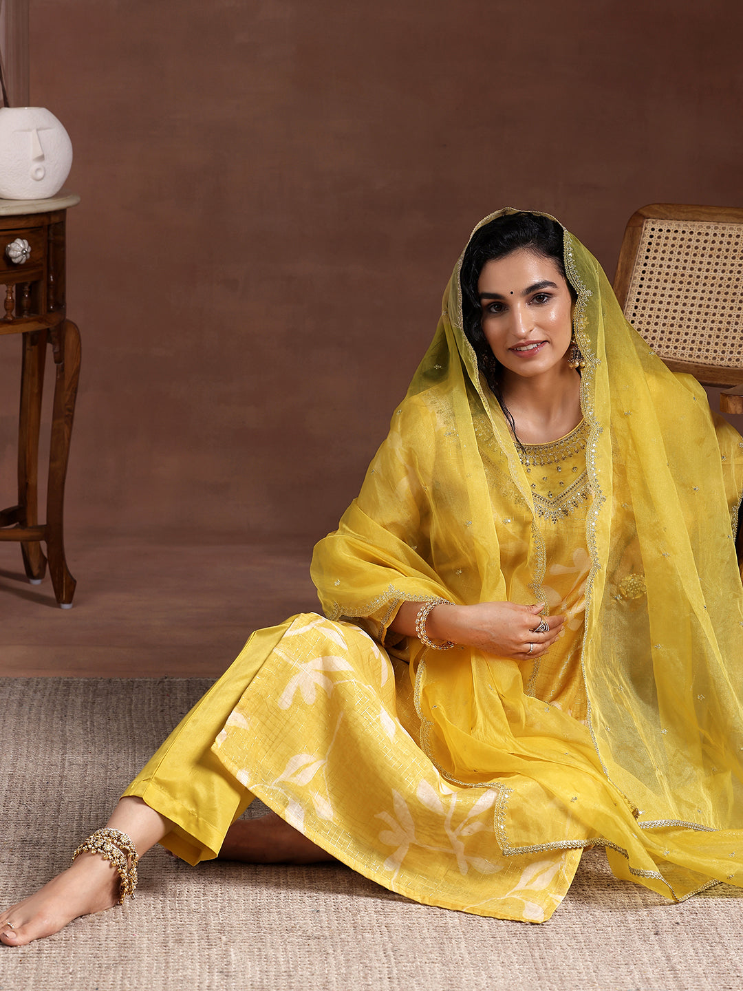 Mustard Printed Organza Straight Suit With Dupatta