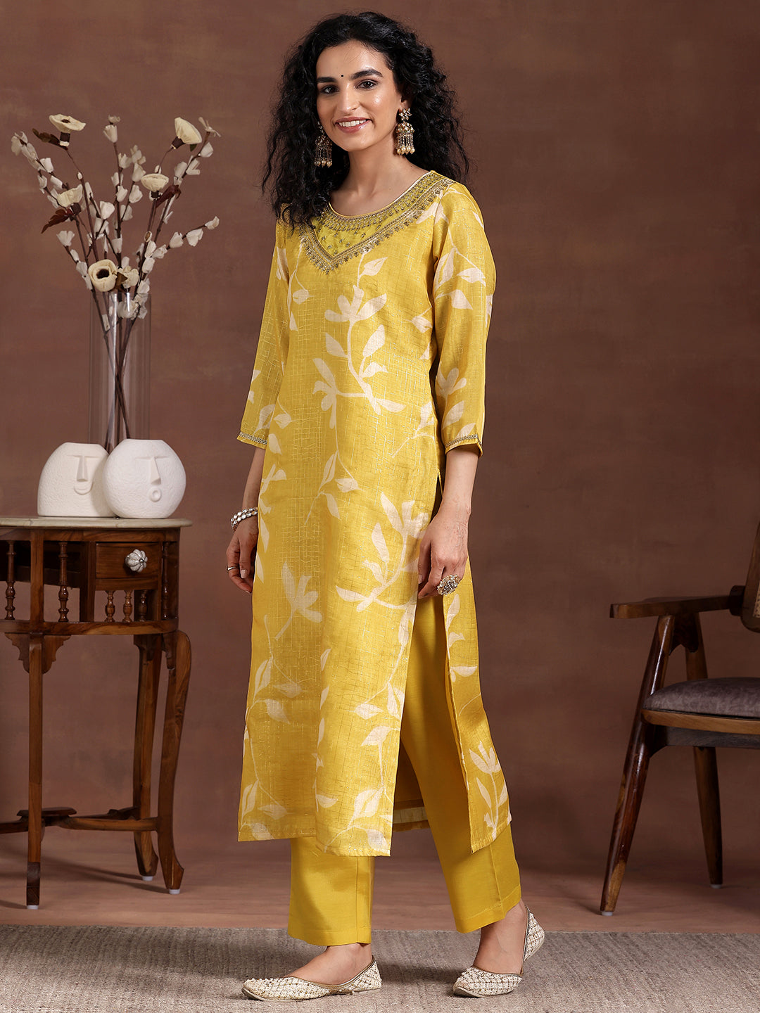 Mustard Printed Organza Straight Suit With Dupatta