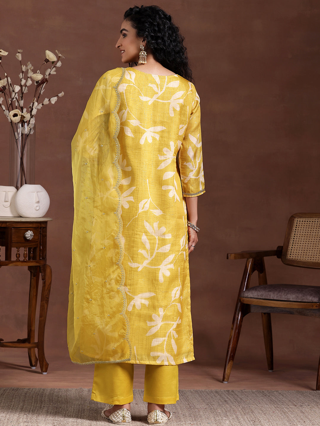 Mustard Printed Organza Straight Suit With Dupatta