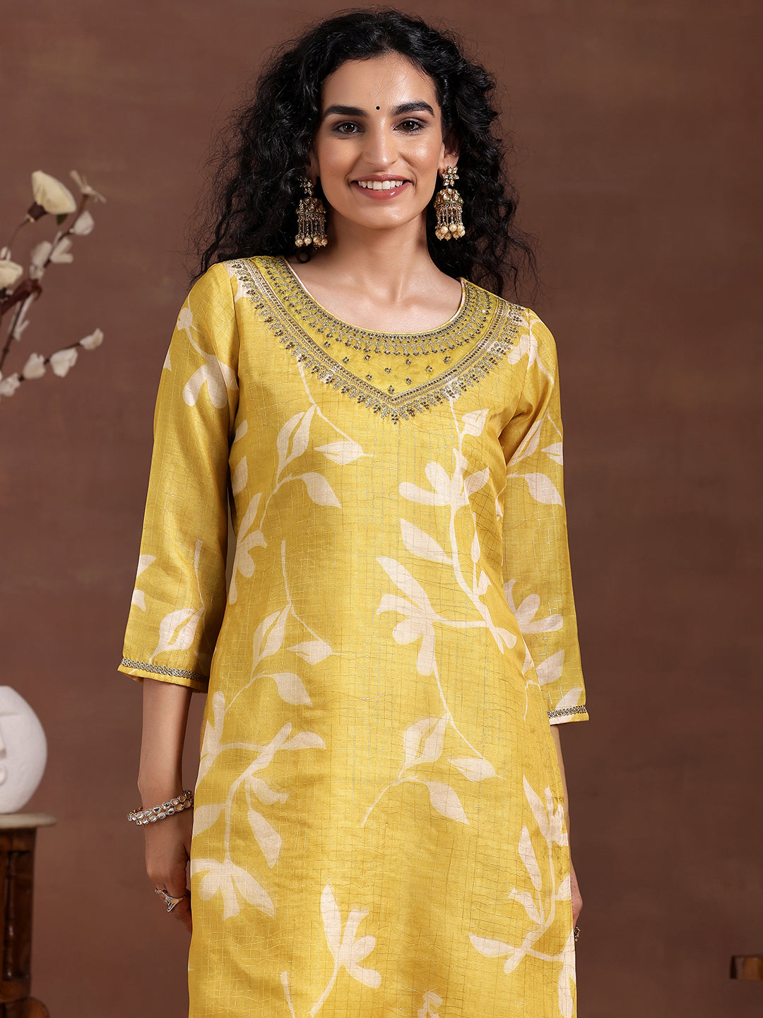 Mustard Printed Organza Straight Suit With Dupatta