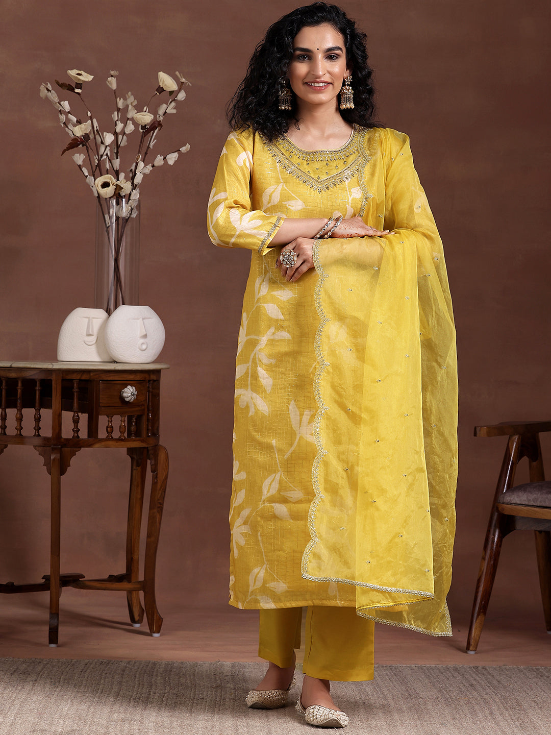 Mustard Printed Organza Straight Suit With Dupatta