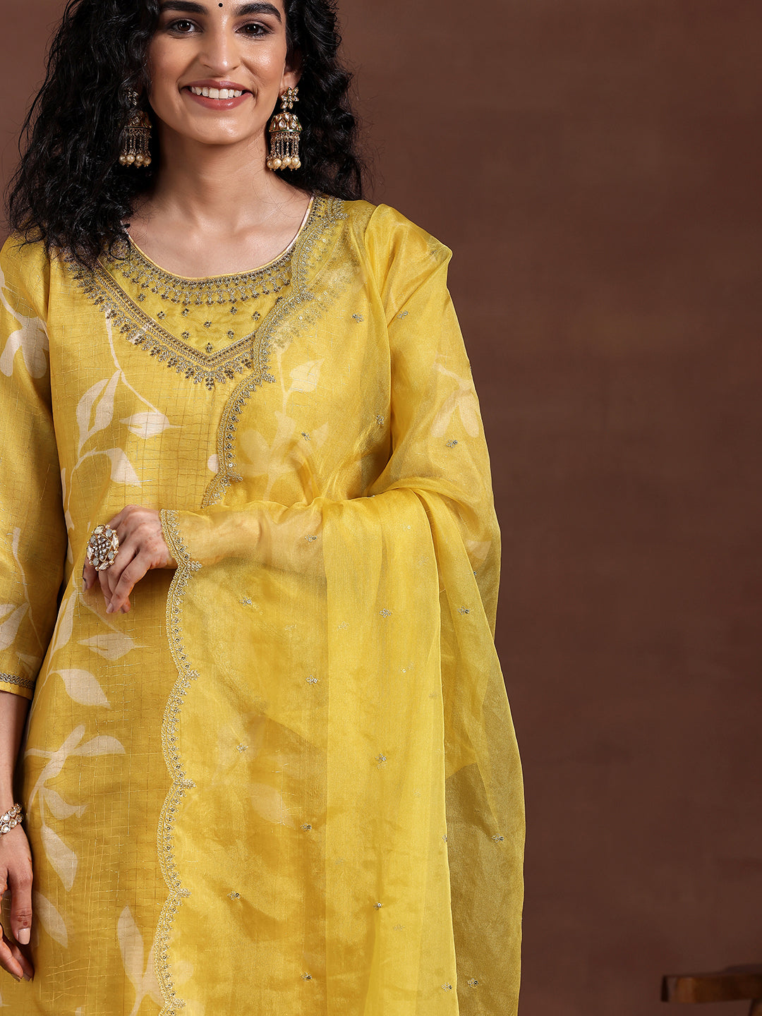 Mustard Printed Organza Straight Suit With Dupatta